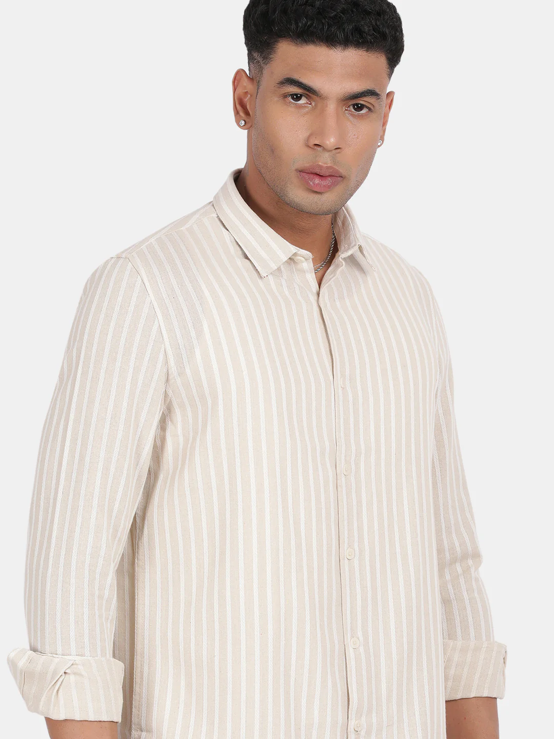 Men Cream Slim Fit Spread Collar Full Sleeve Casual Shirt - Image 6