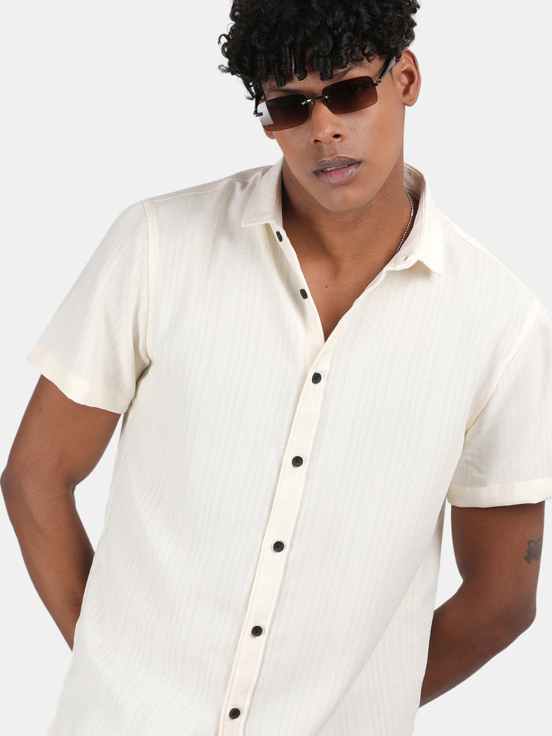 Men Cream Slim Fit Spread Collar Half Sleeve Casual Shirt - Image 2