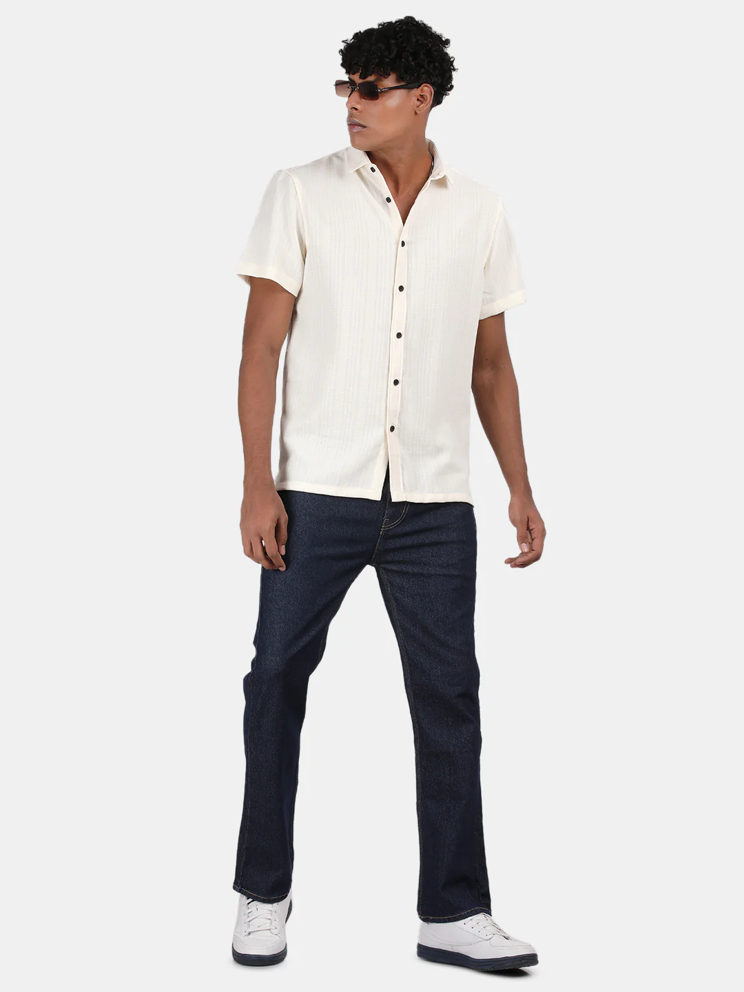 Men Cream Slim Fit Spread Collar Half Sleeve Casual Shirt - Image 3