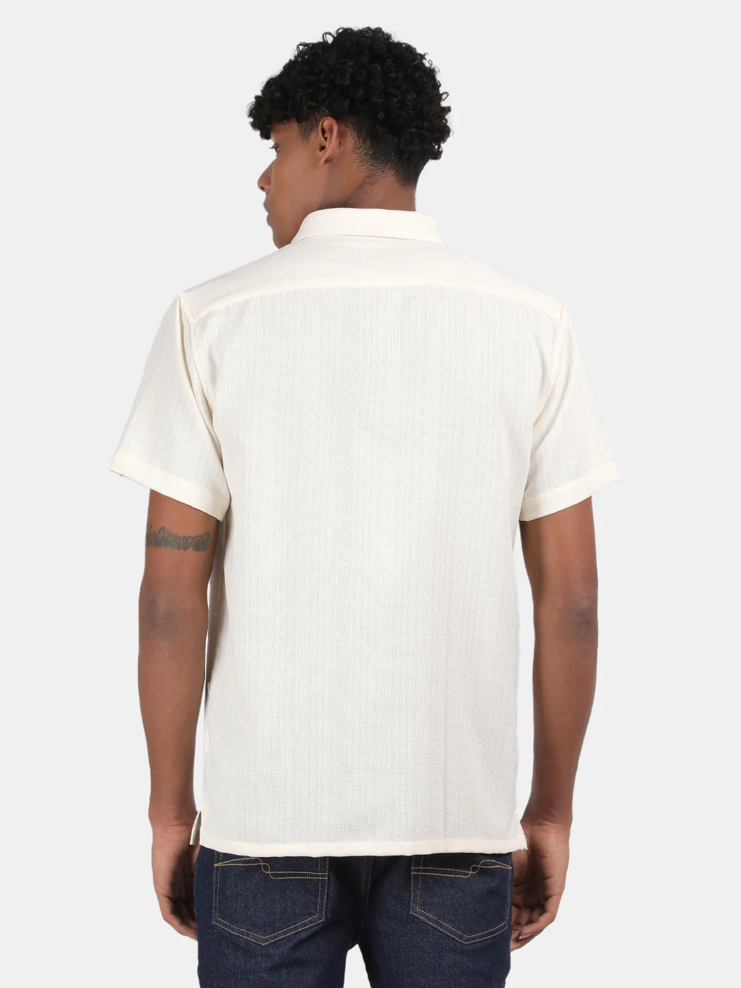 Men Cream Slim Fit Spread Collar Half Sleeve Casual Shirt - Image 4