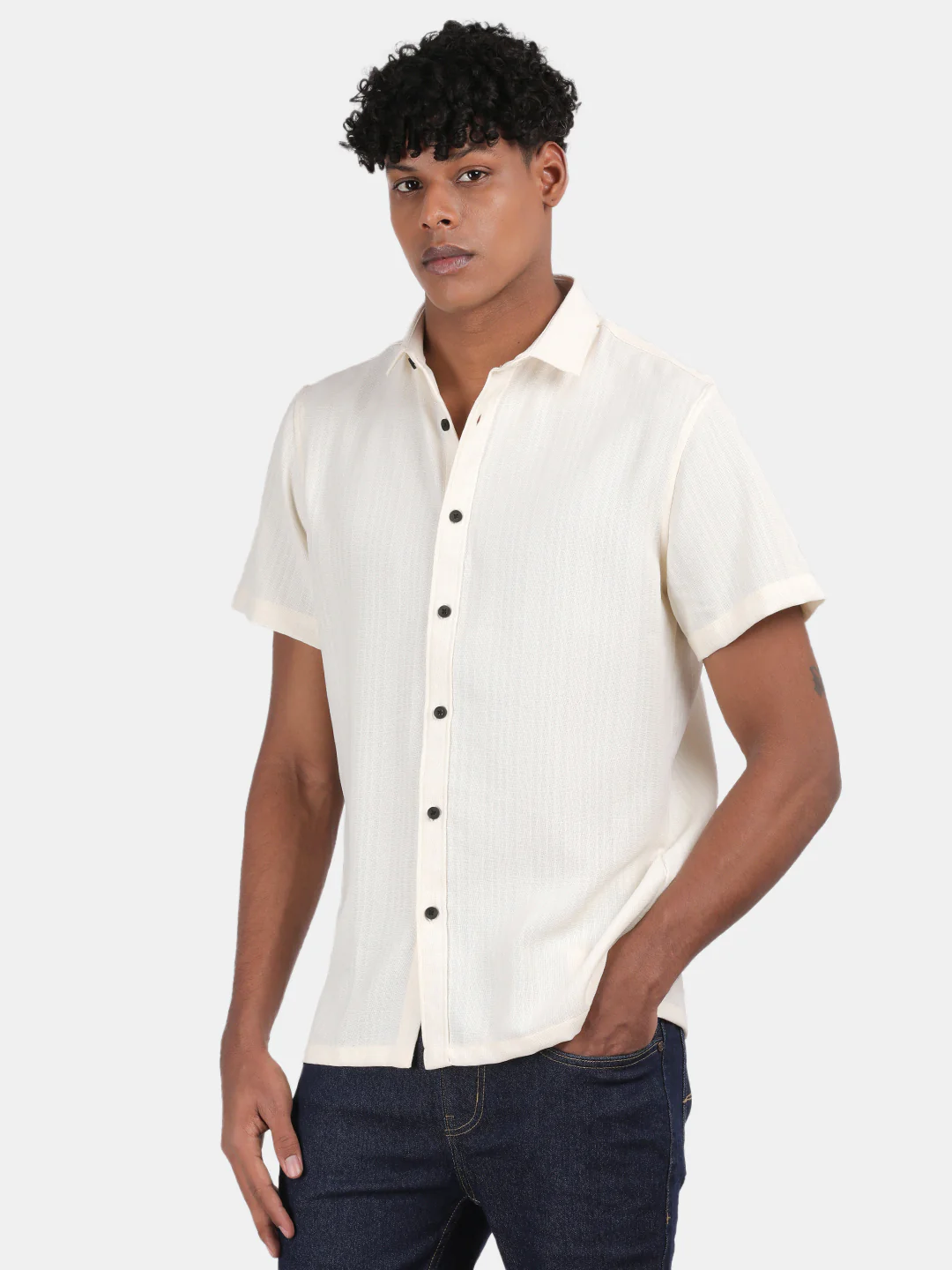 Men Cream Slim Fit Spread Collar Half Sleeve Casual Shirt - Image 5