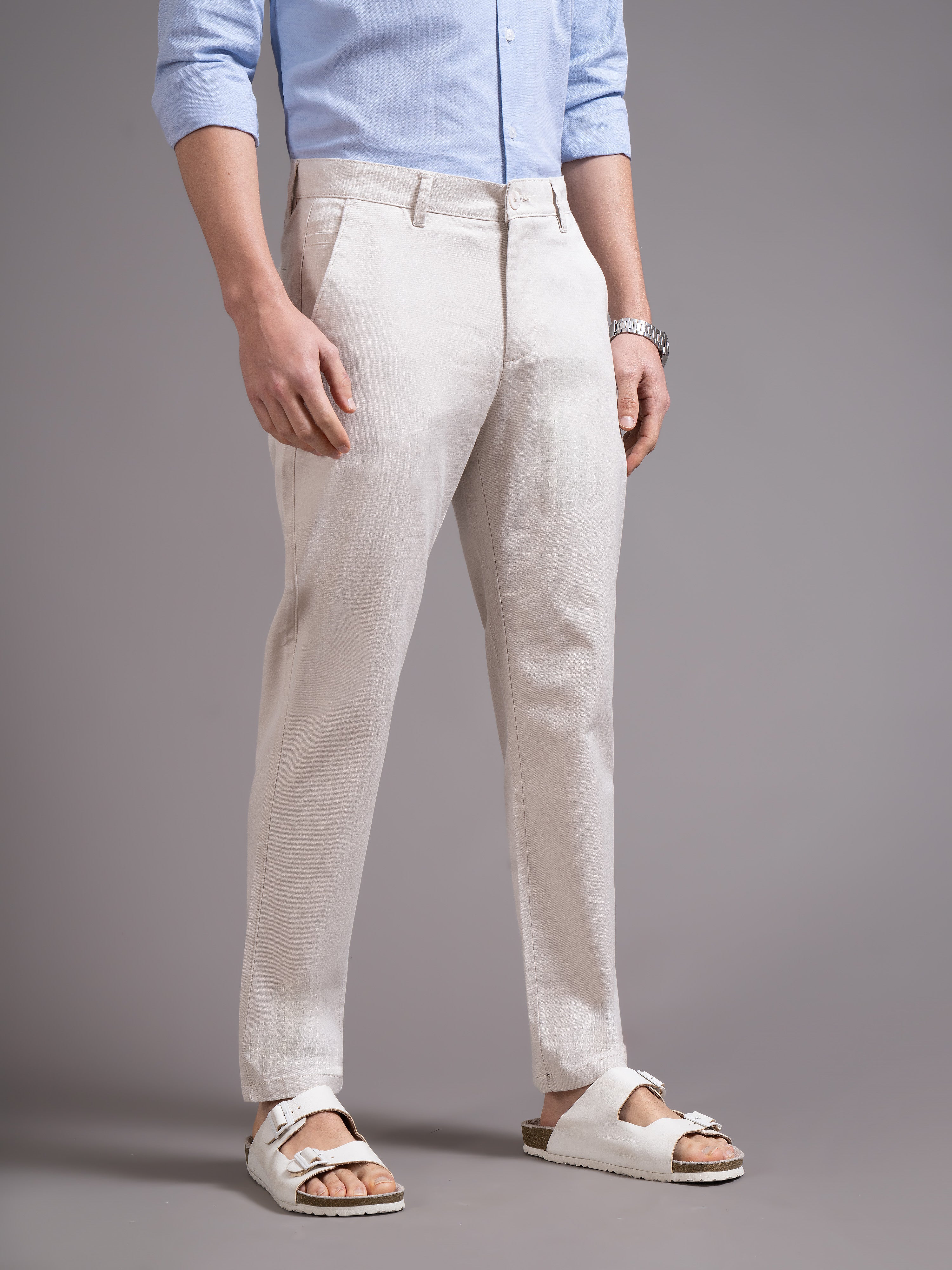 Men Cream Smart Slim Fit Chinos - Image 3