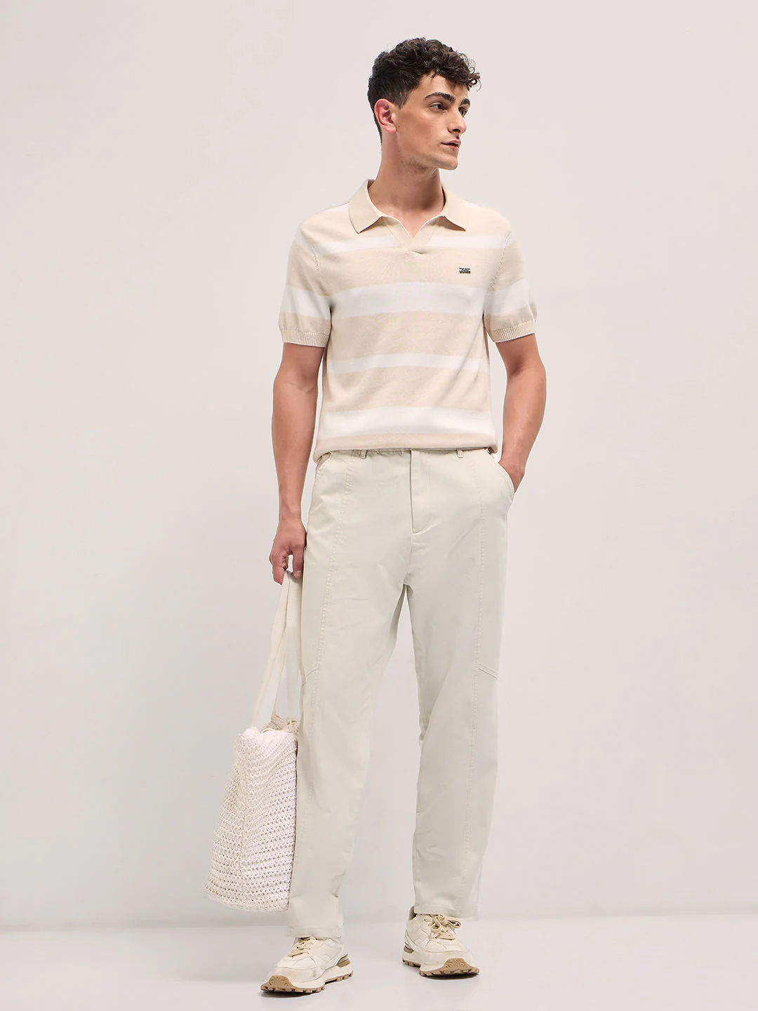 Men Cream Solid Baggy Fit Casual Trouser - Image 4
