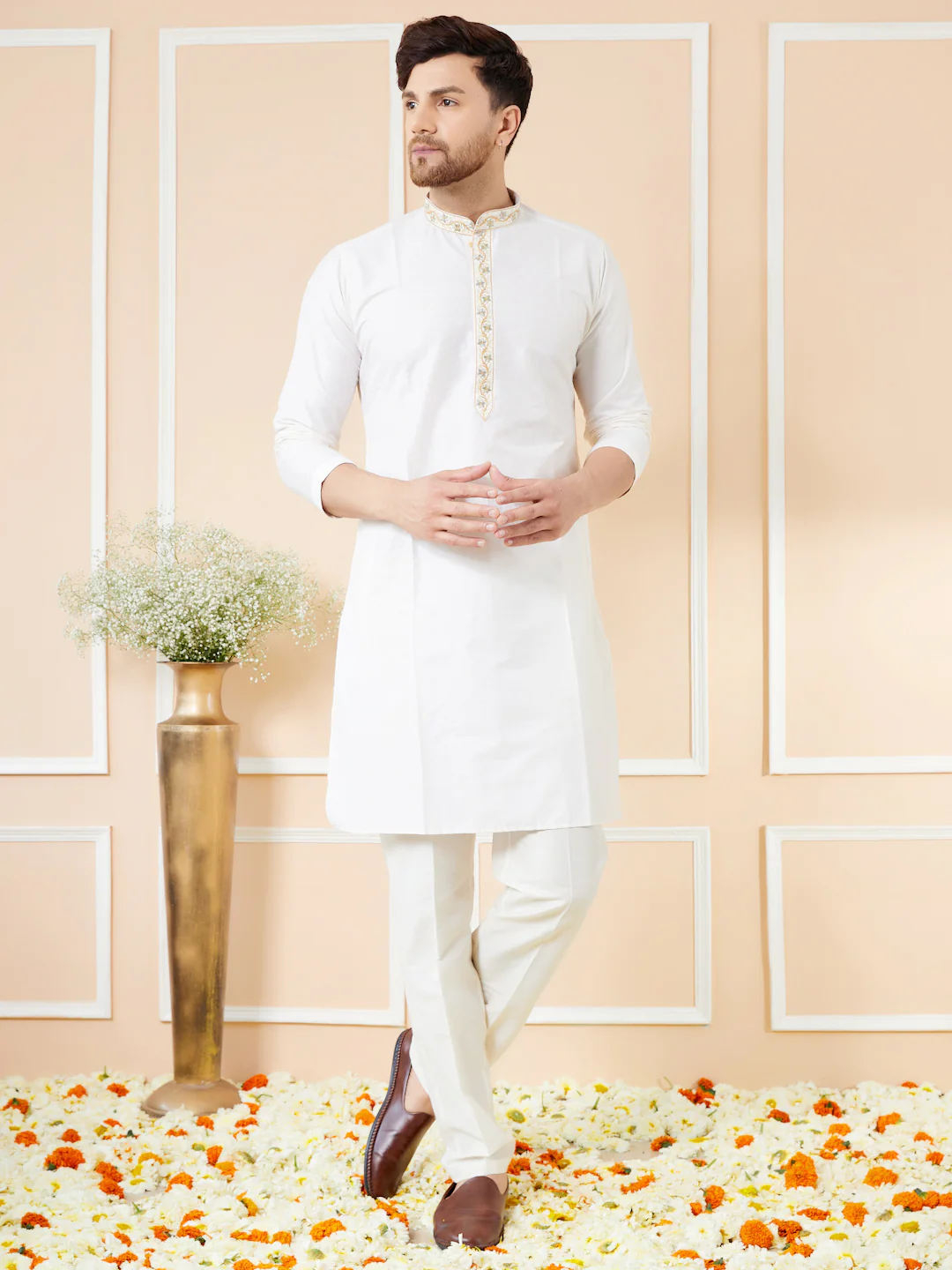 Men Cream Solid Cotton Straight Kurta With Emboridered Neckline
