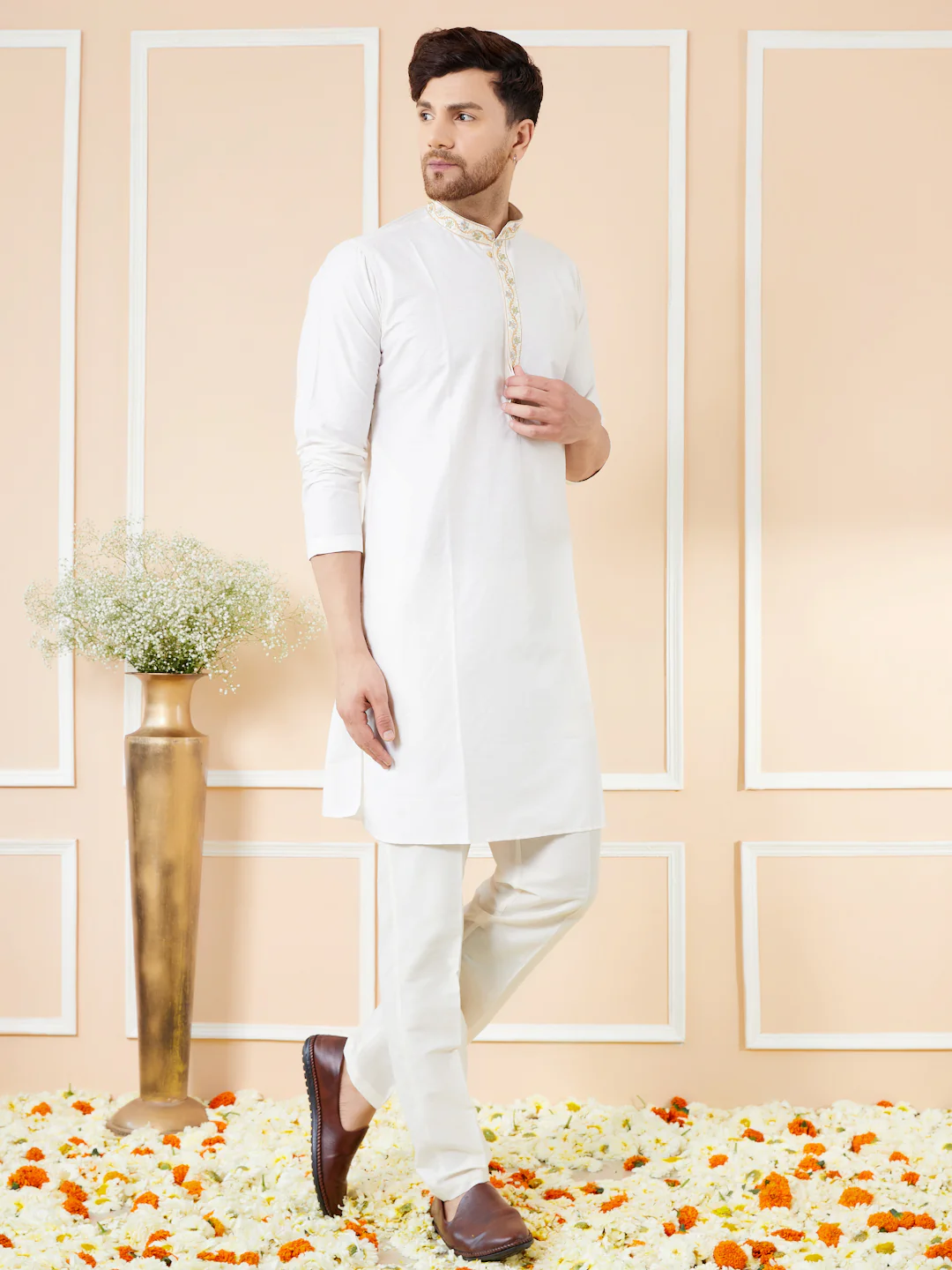 Men Cream Solid Cotton Straight Kurta With Emboridered Neckline - Image 6