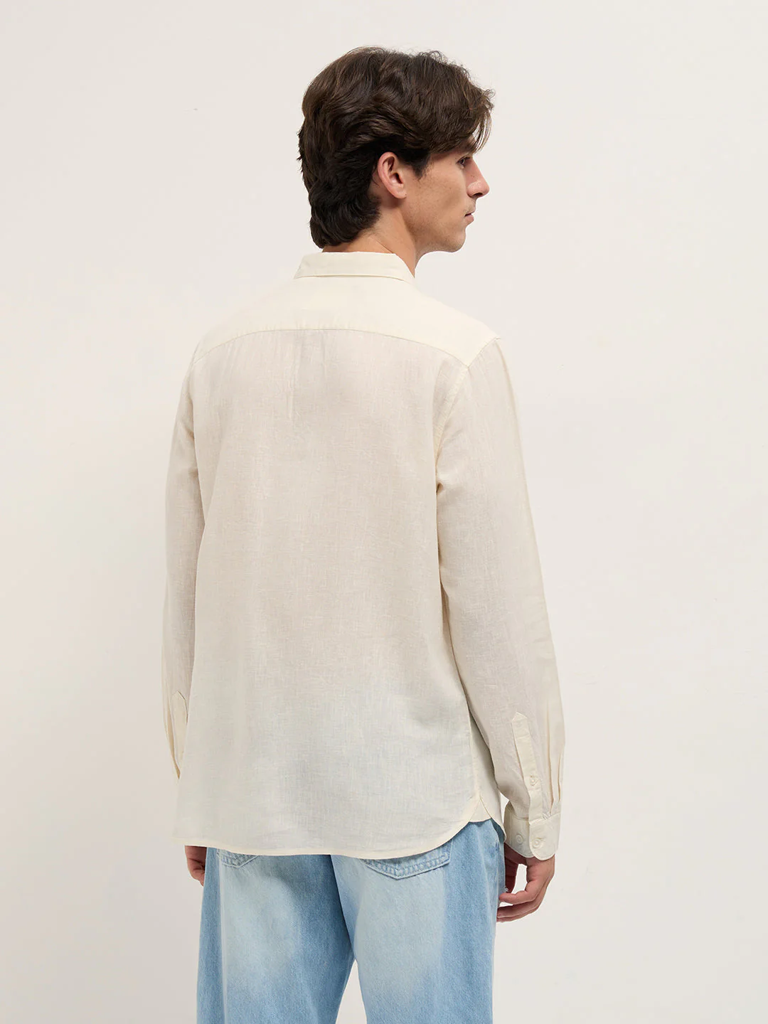 Men Cream Solid Lyocell Slim Fit Casual Shirt - Image 2