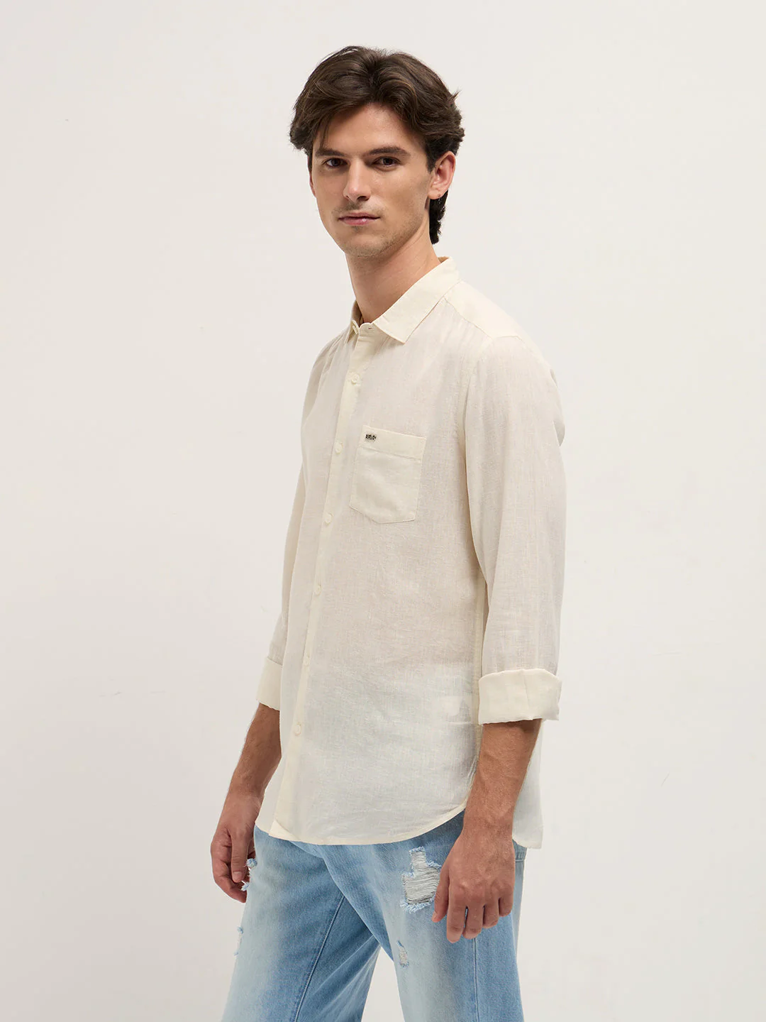 Men Cream Solid Lyocell Slim Fit Casual Shirt - Image 3