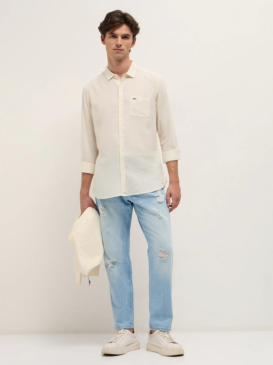 Men Cream Solid Lyocell Slim Fit Casual Shirt - Image 4