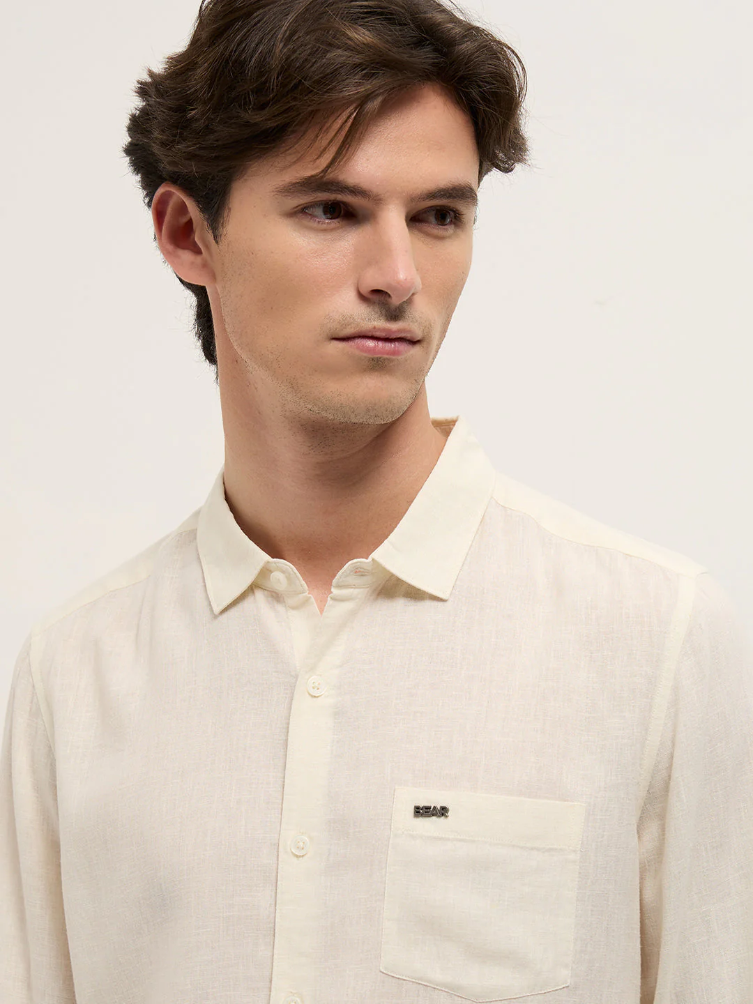 Men Cream Solid Lyocell Slim Fit Casual Shirt - Image 5