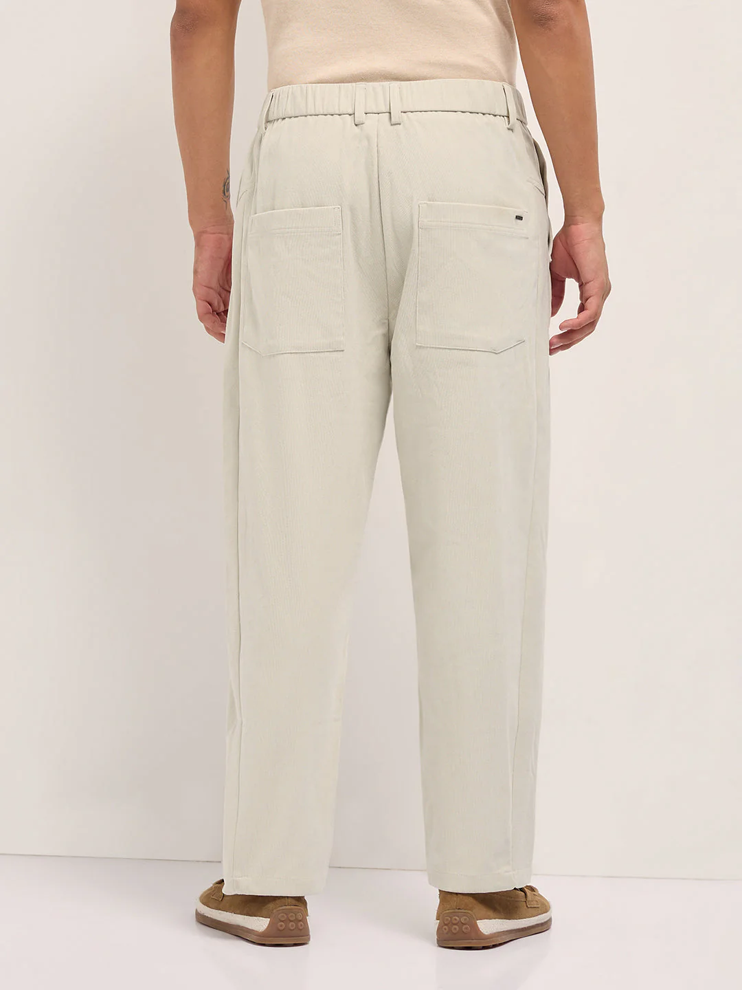 Men Cream Solid Polyester Casual Trousers - Image 2