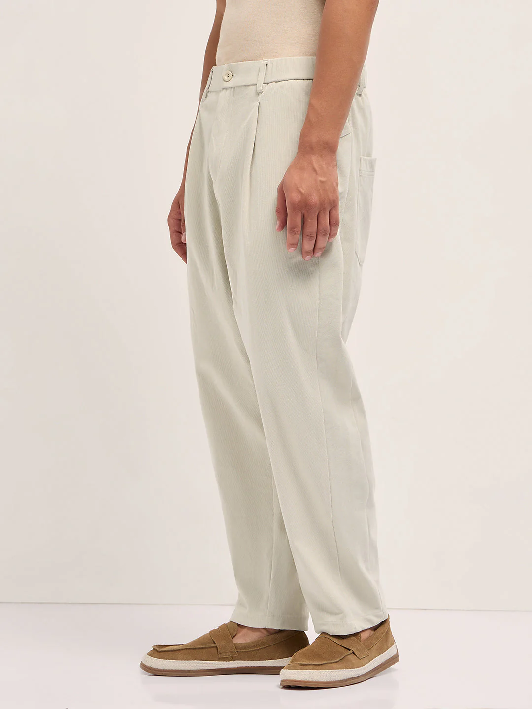 Men Cream Solid Polyester Casual Trousers - Image 3