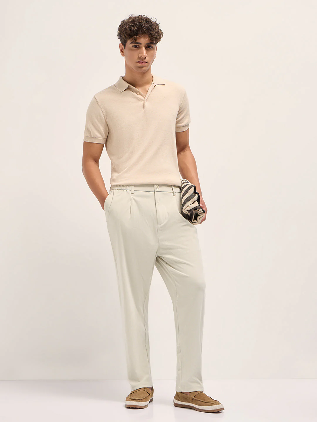Men Cream Solid Polyester Casual Trousers - Image 4