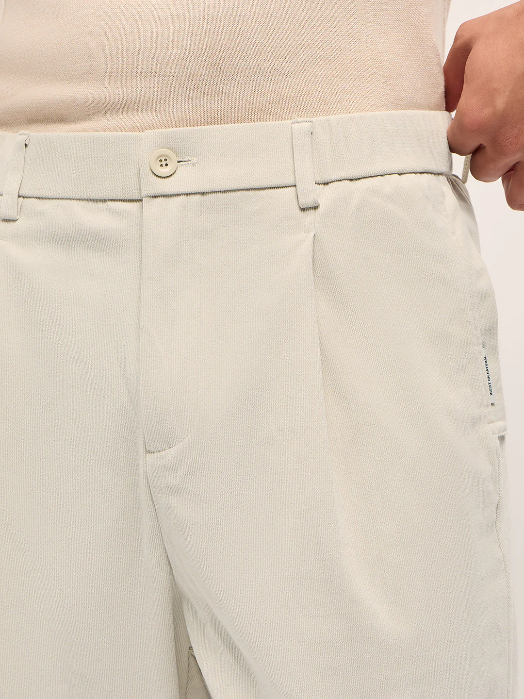 Men Cream Solid Polyester Casual Trousers - Image 5