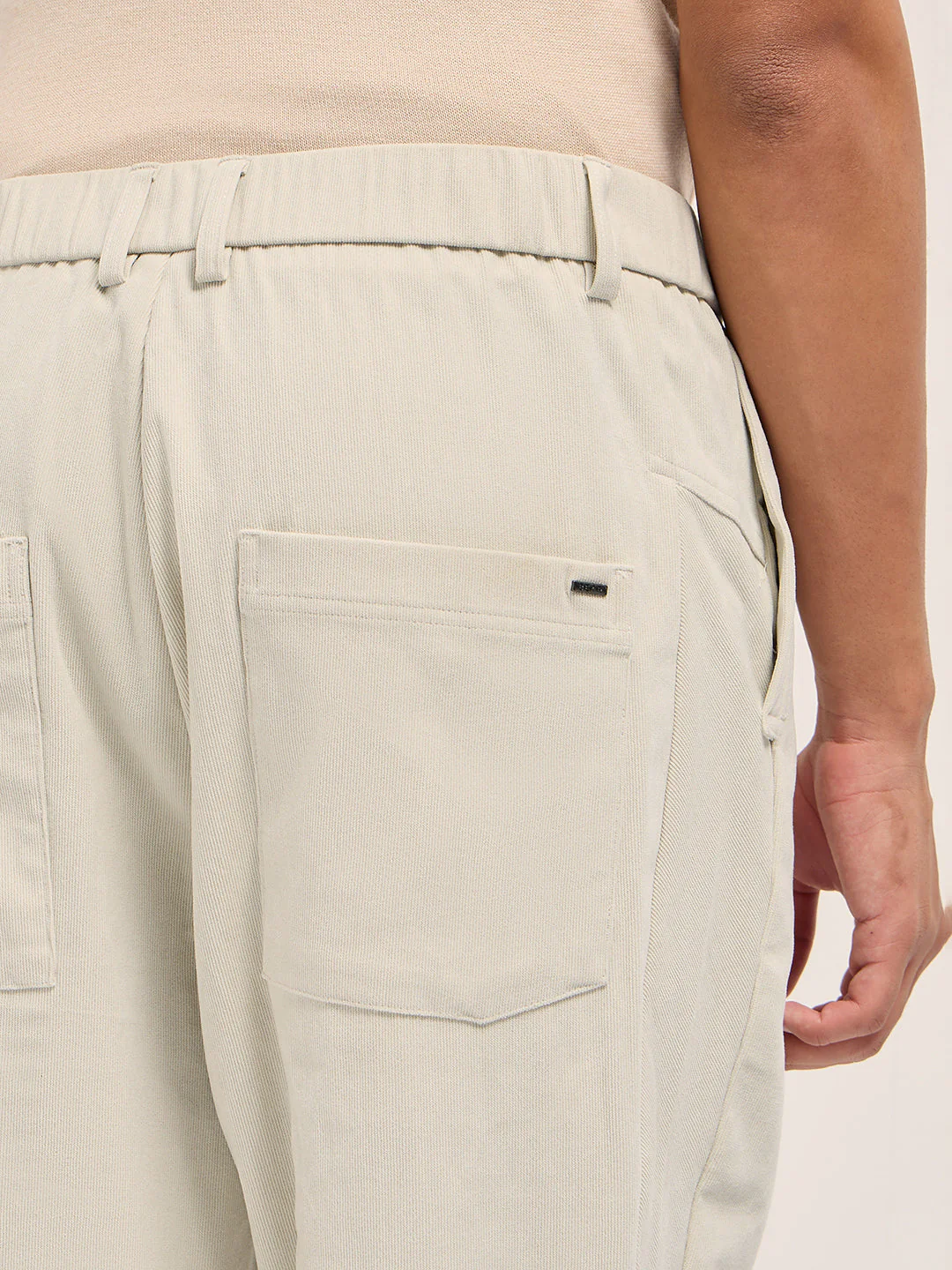 Men Cream Solid Polyester Casual Trousers - Image 6