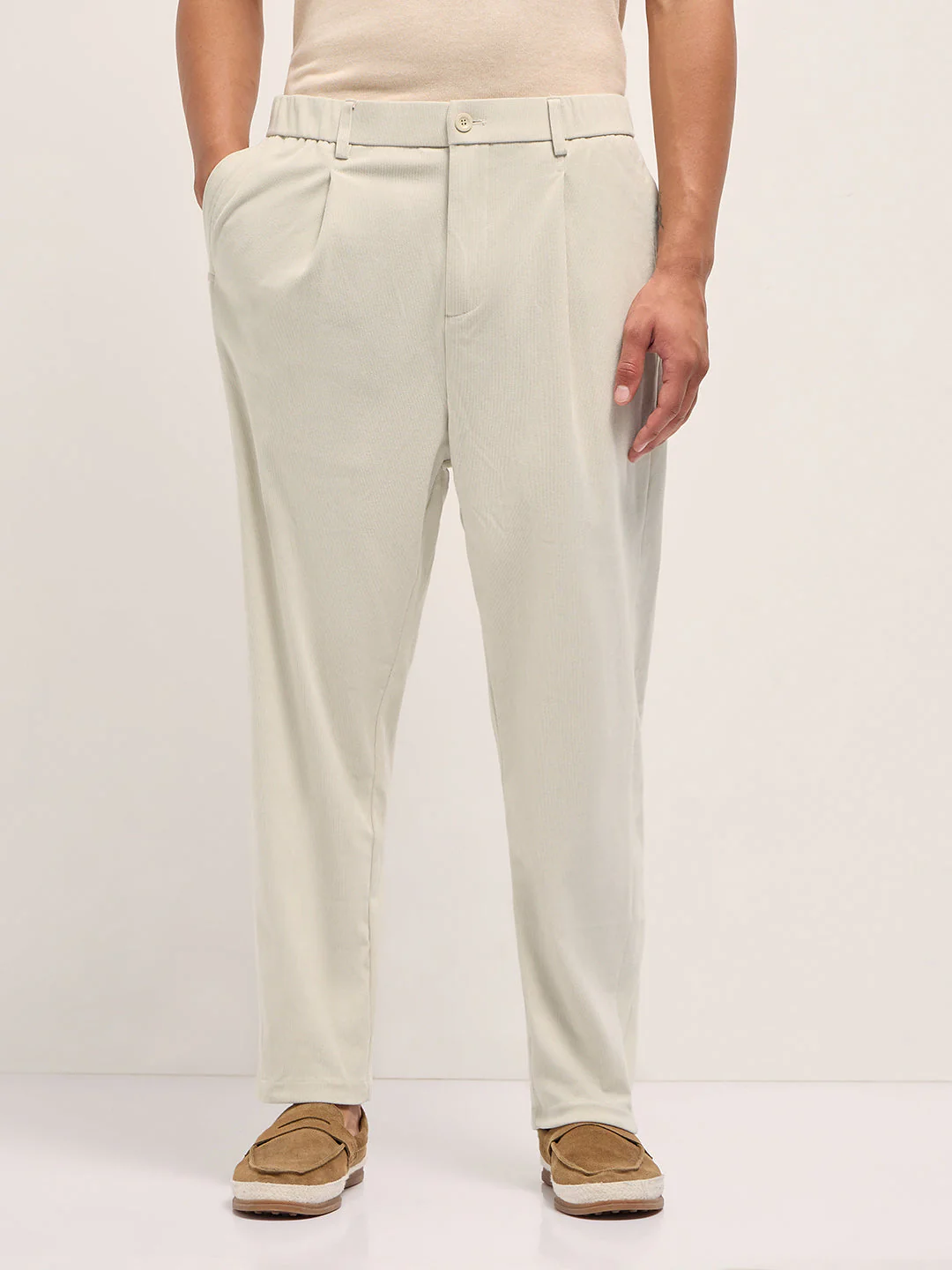 Men Cream Solid Polyester Casual Trousers - Image 7