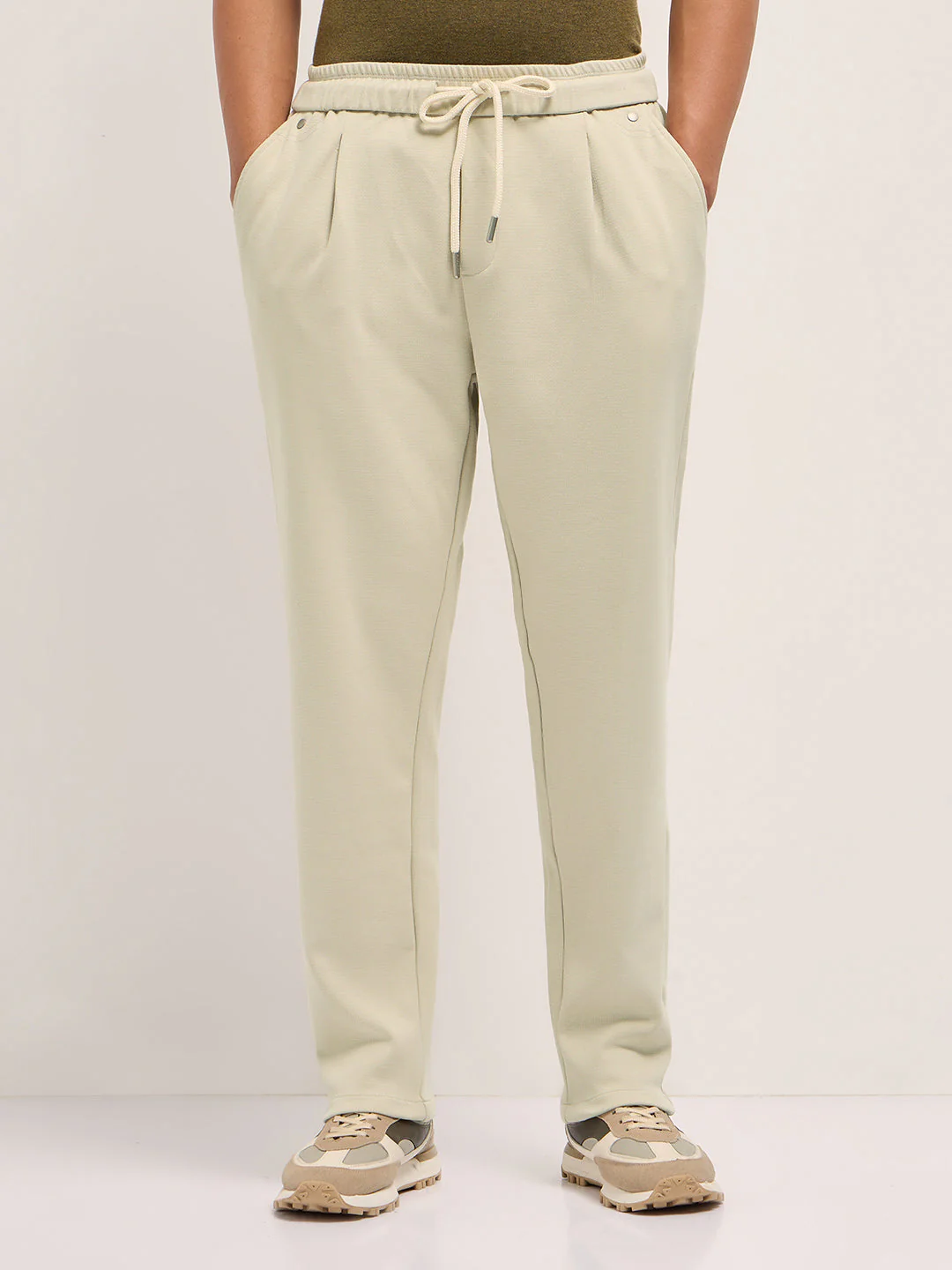 Men Cream Solid Regular Fit Casual Trousers - Image 7