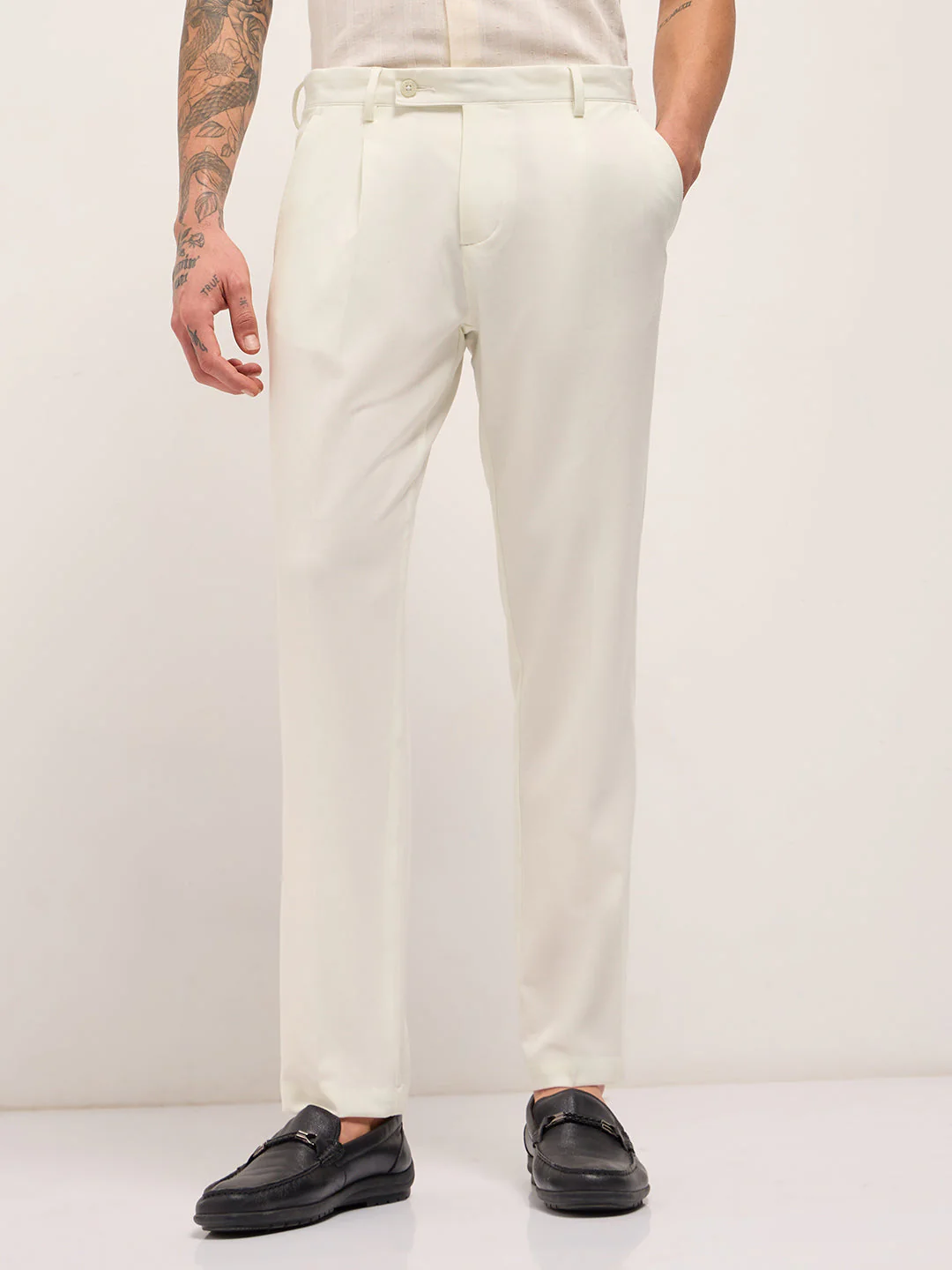 Men Cream Solid Regular Fit Formal Trousers - Image 6