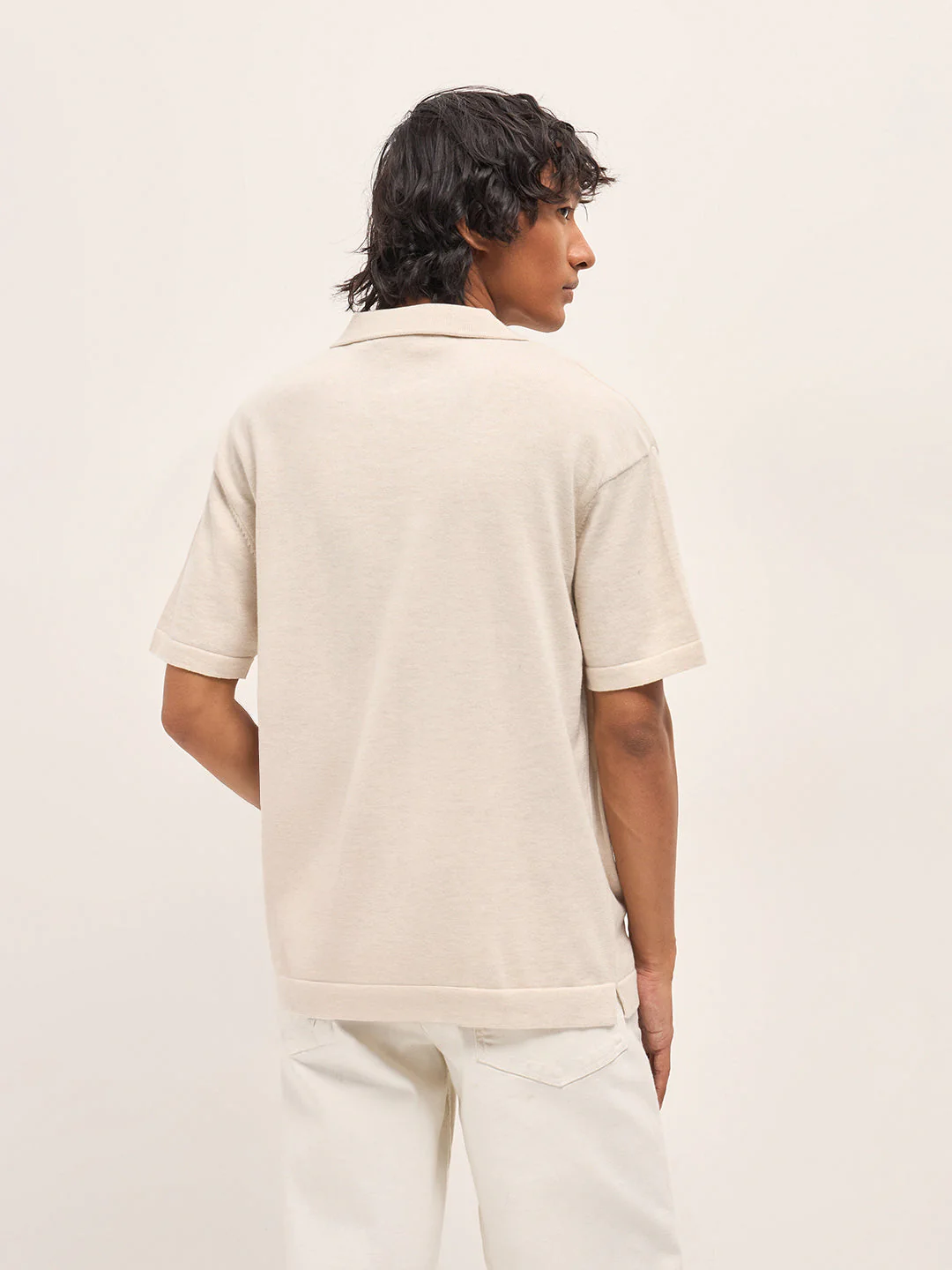 Men Cream Solid Relaxed Fit Polo - Image 2