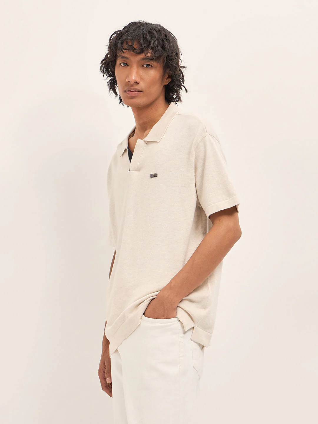 Men Cream Solid Relaxed Fit Polo - Image 3