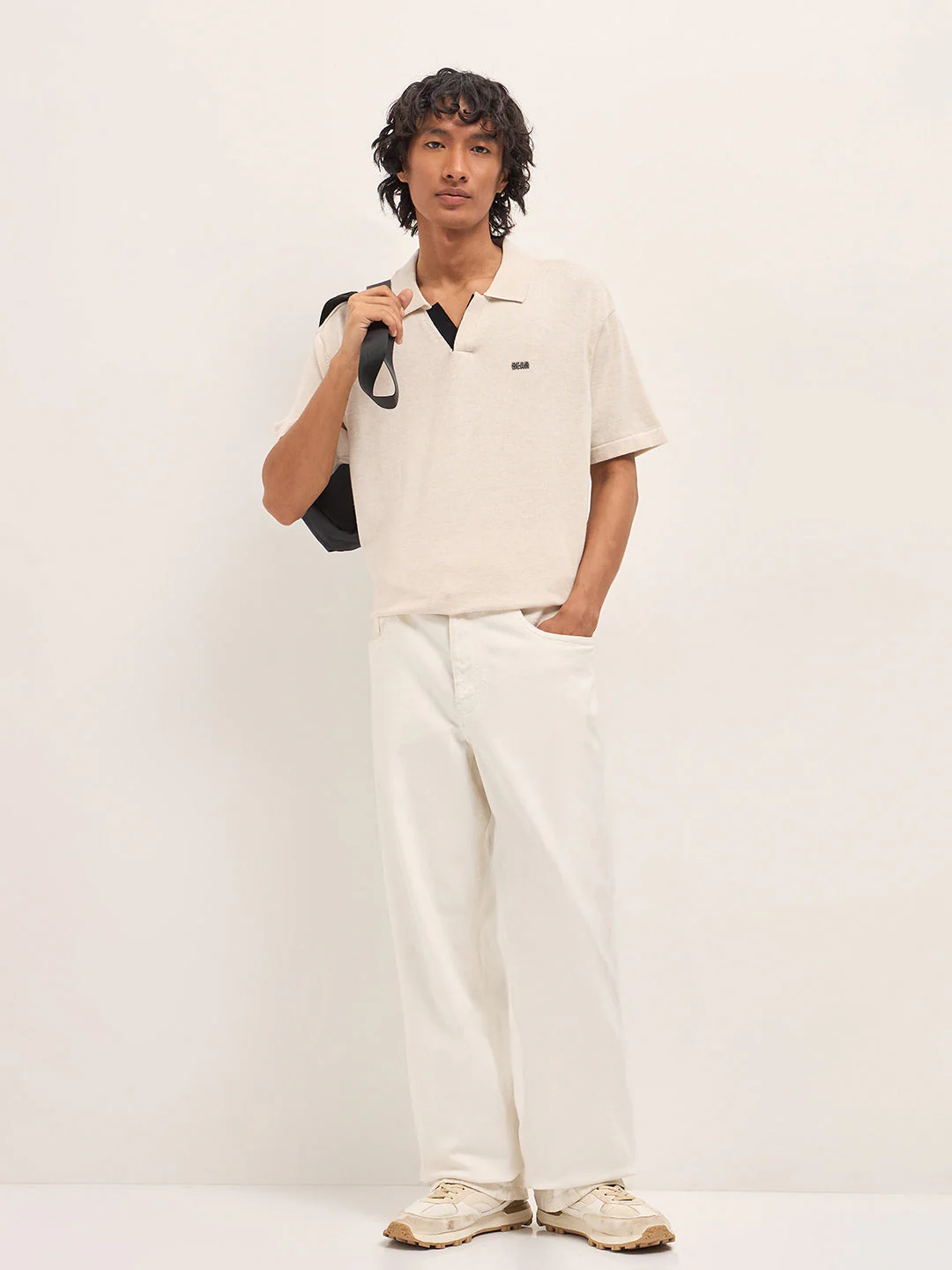 Men Cream Solid Relaxed Fit Polo - Image 4