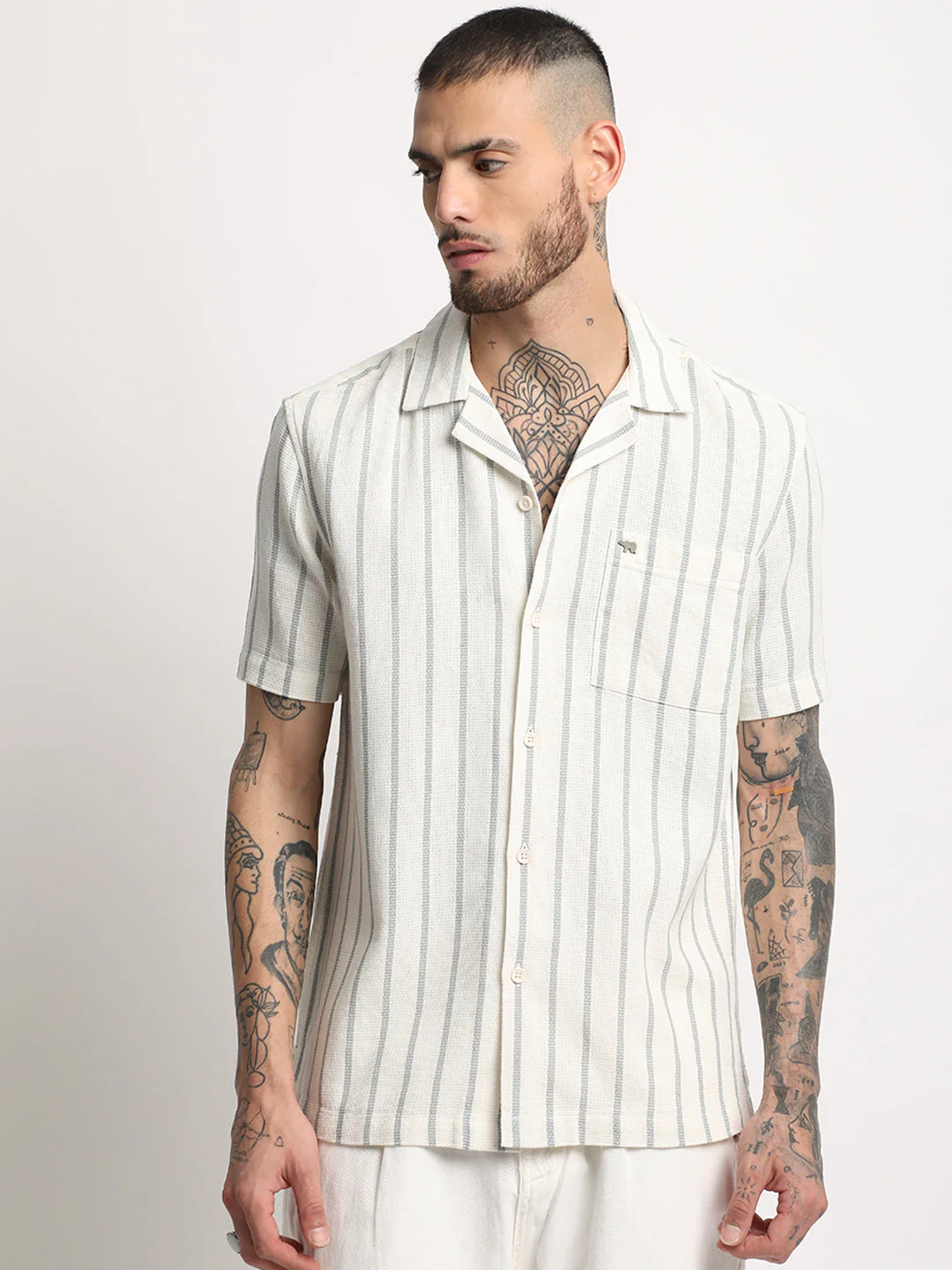 Men  Cream Stripe Regular Fit Casual Shirt - Image 2