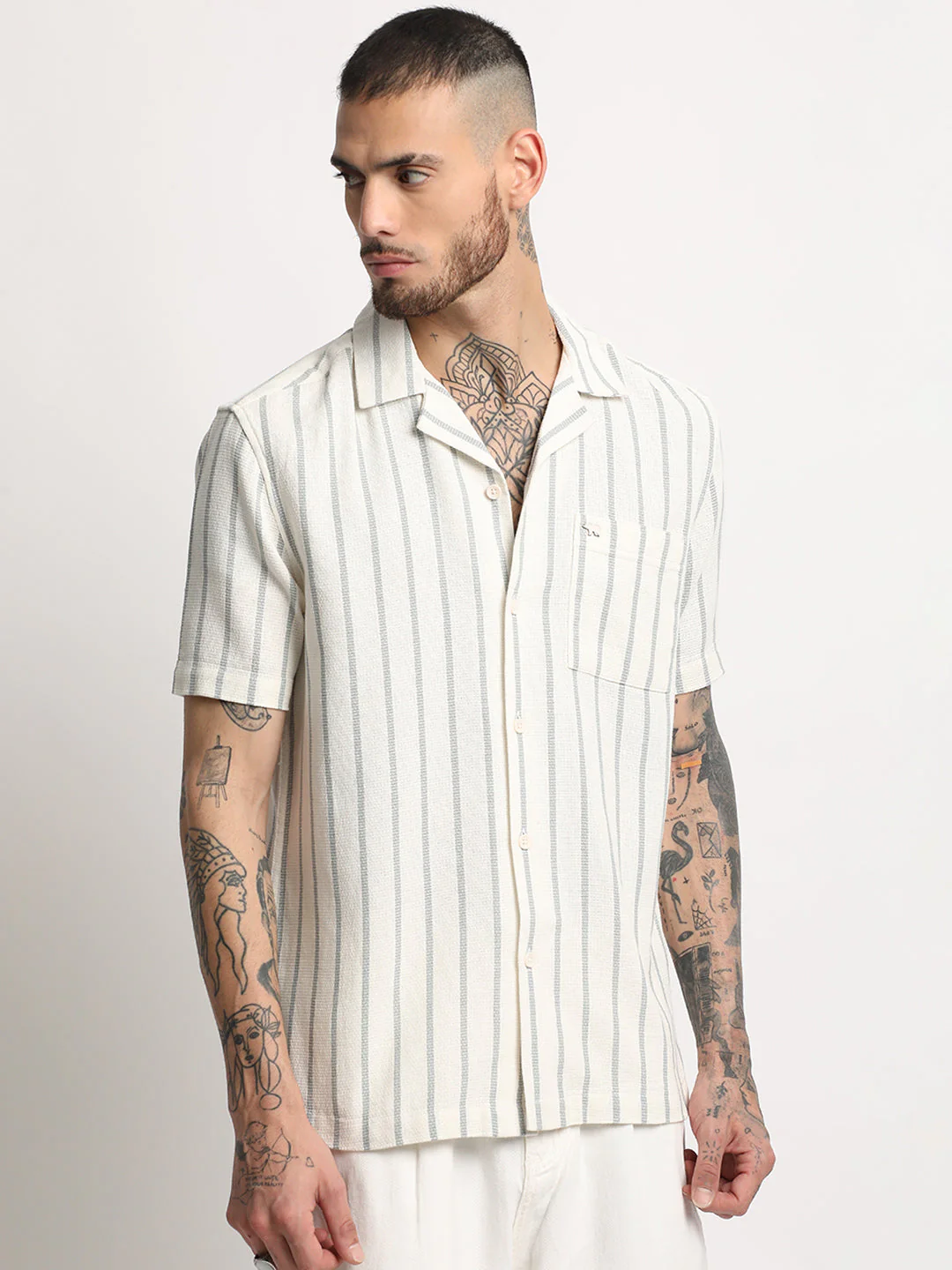 Men  Cream Stripe Regular Fit Casual Shirt - Image 3
