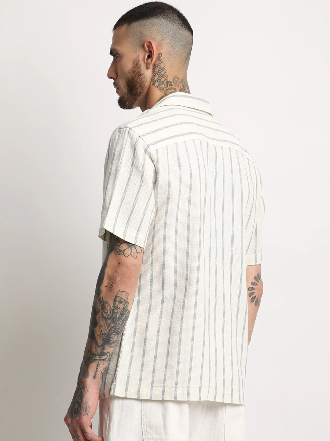 Men  Cream Stripe Regular Fit Casual Shirt - Image 4