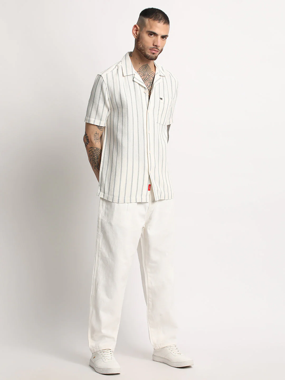 Men  Cream Stripe Regular Fit Casual Shirt - Image 5