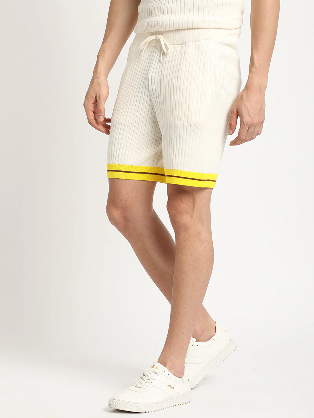 Men Cream Striped Regular Fit Cotton Shorts | The Bear House - Image 2