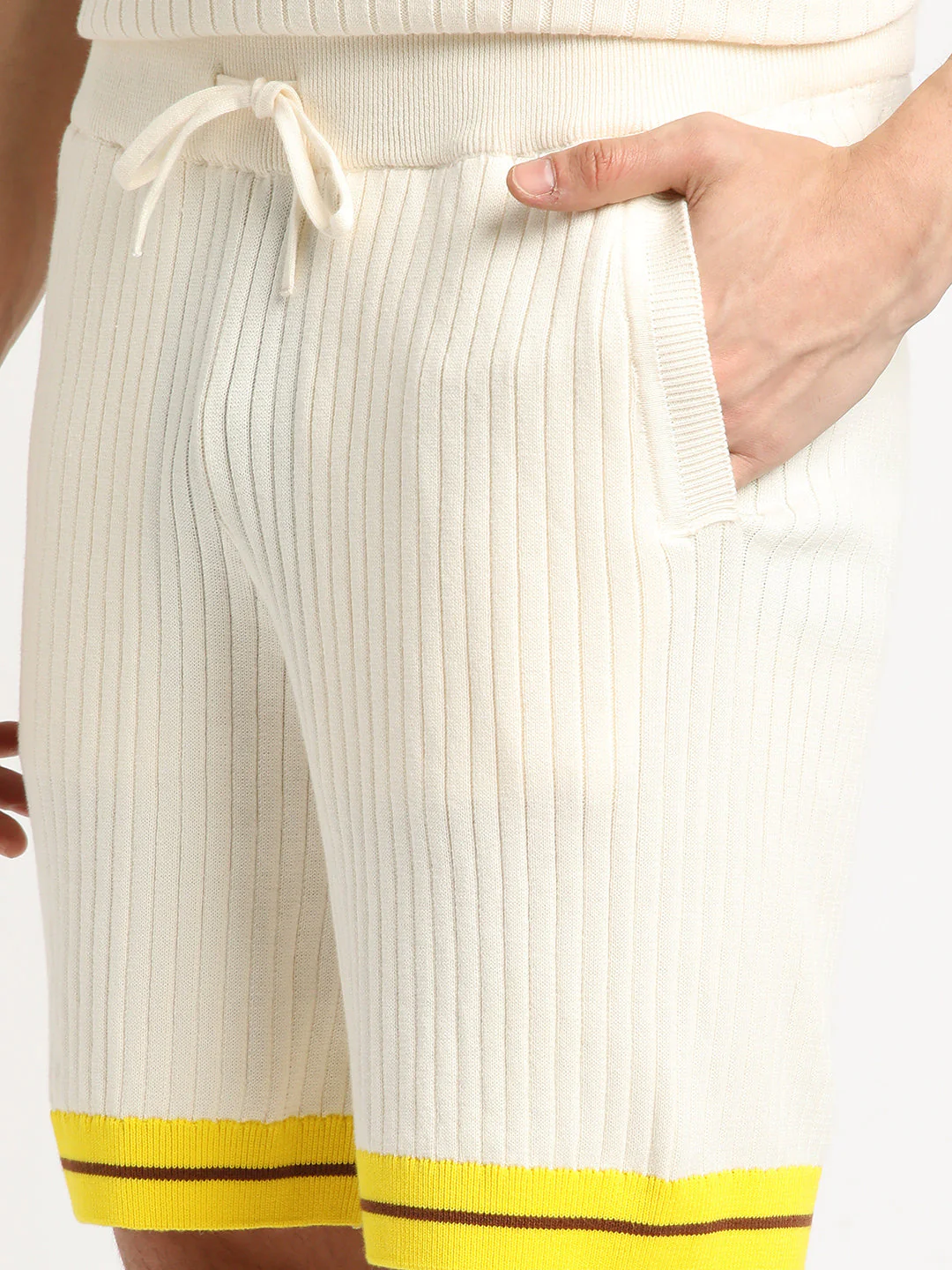 Men Cream Striped Regular Fit Cotton Shorts | The Bear House - Image 5