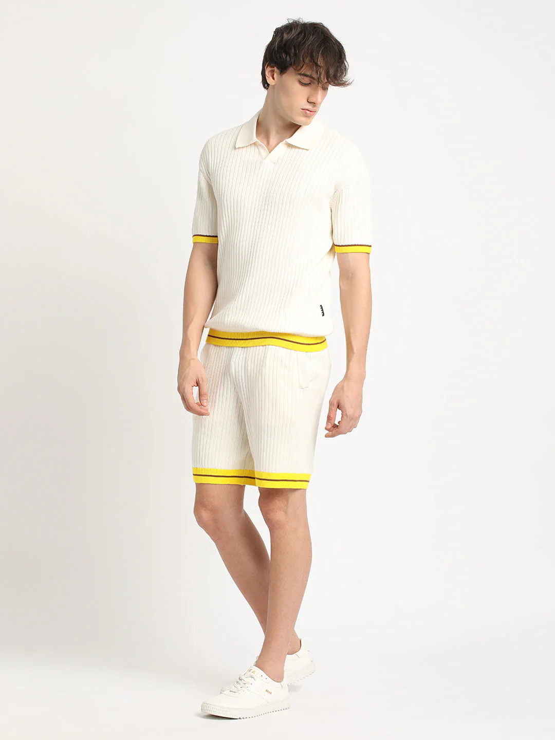 Men Cream Striped Regular Fit Cotton Shorts | The Bear House - Image 6