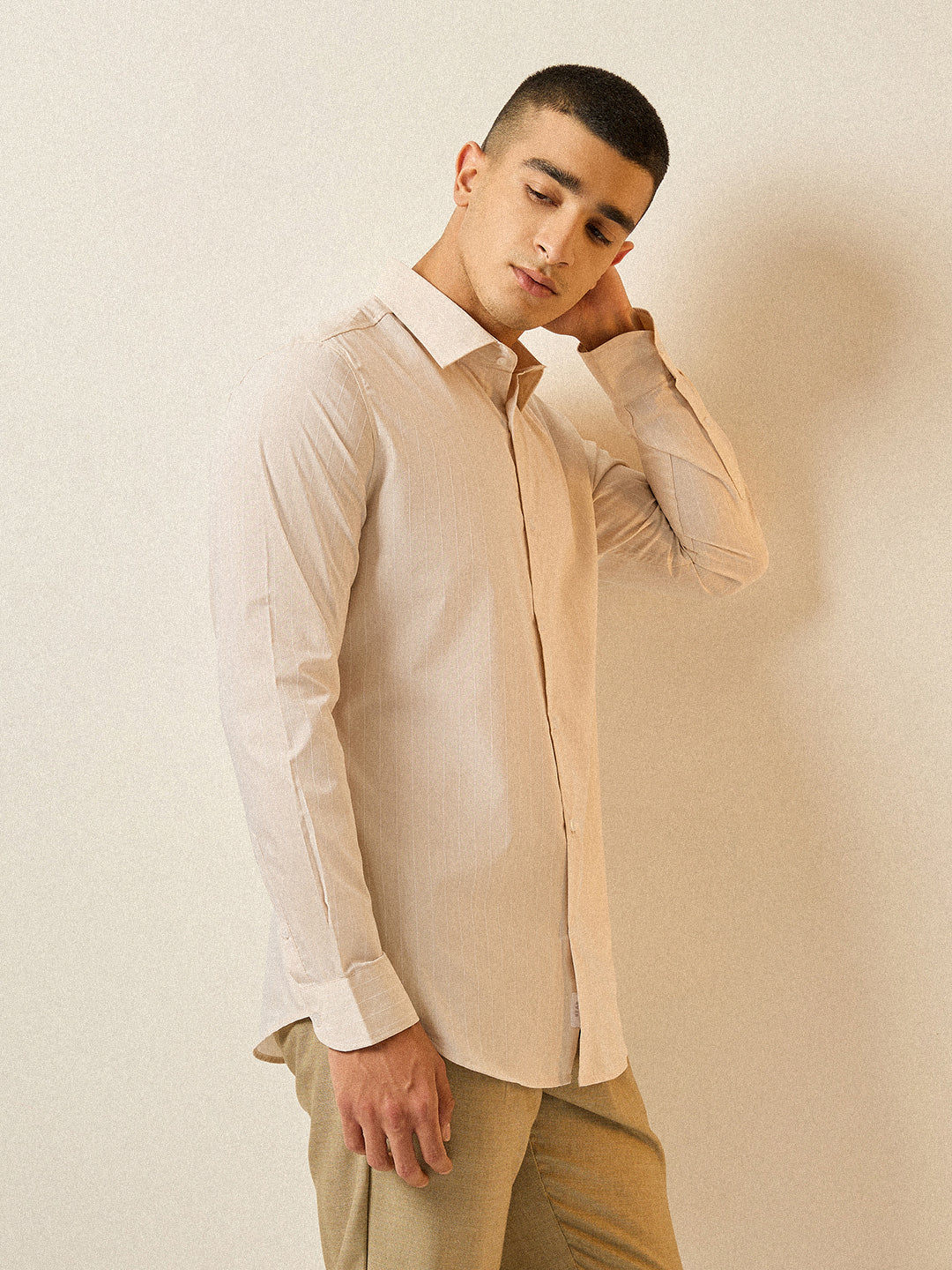 Men Cream Striped Tailored Fit Formal Shirt - Image 3
