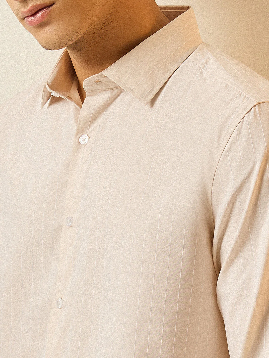 Men Cream Striped Tailored Fit Formal Shirt - Image 5