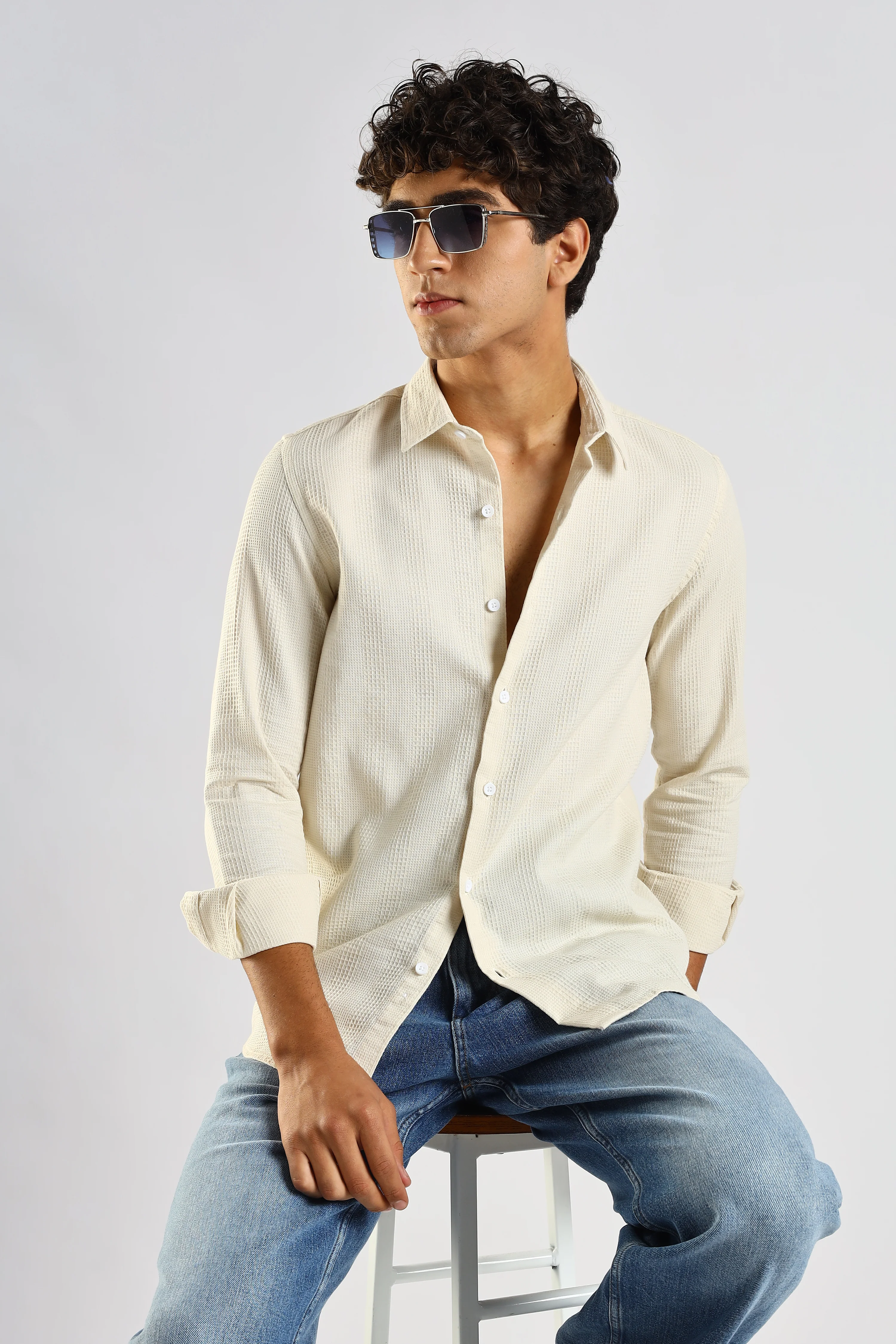 Men Cream Textured Cotton Shirt - Image 10