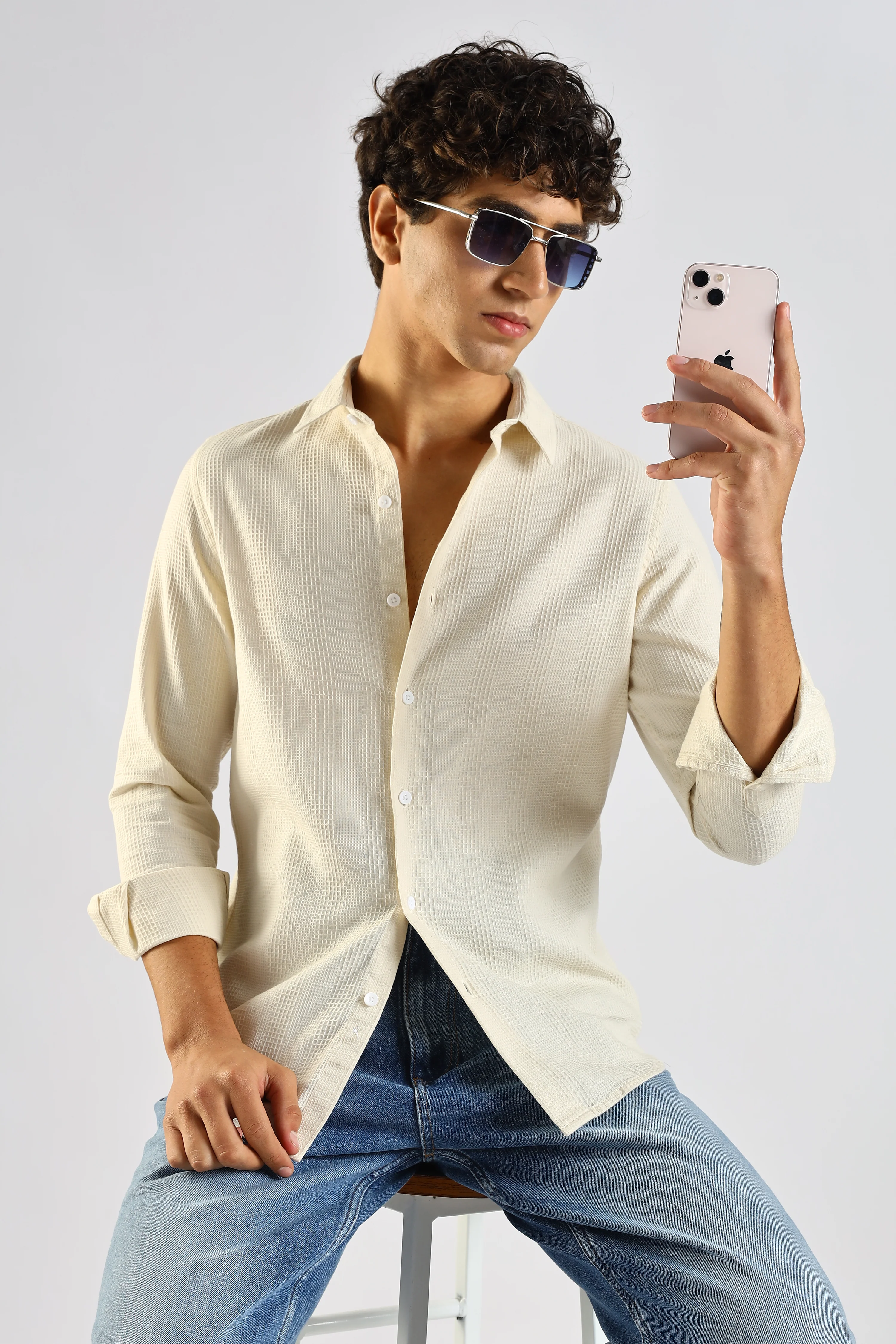Men Cream Textured Cotton Shirt - Image 11