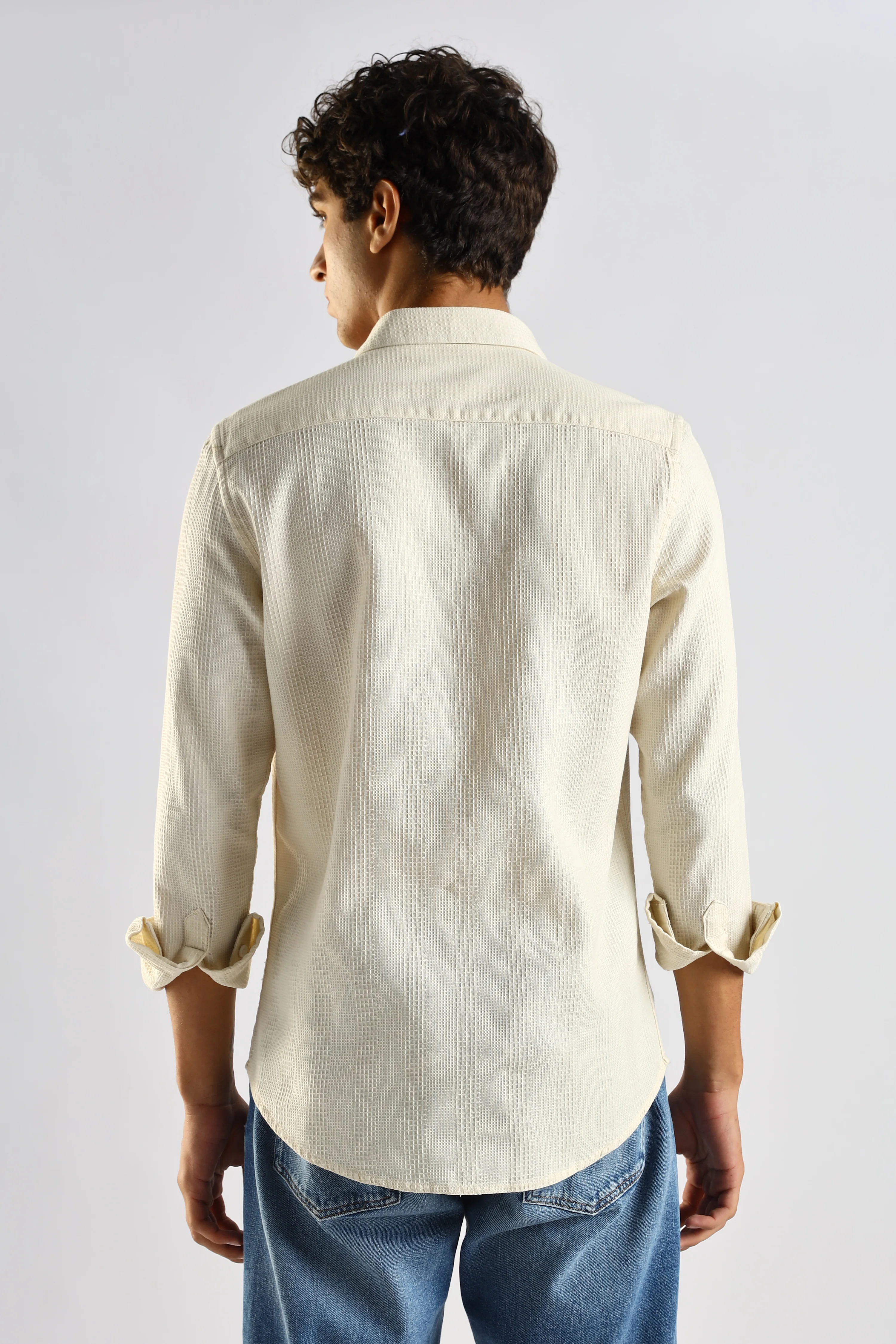 Men Cream Textured Cotton Shirt - Image 2