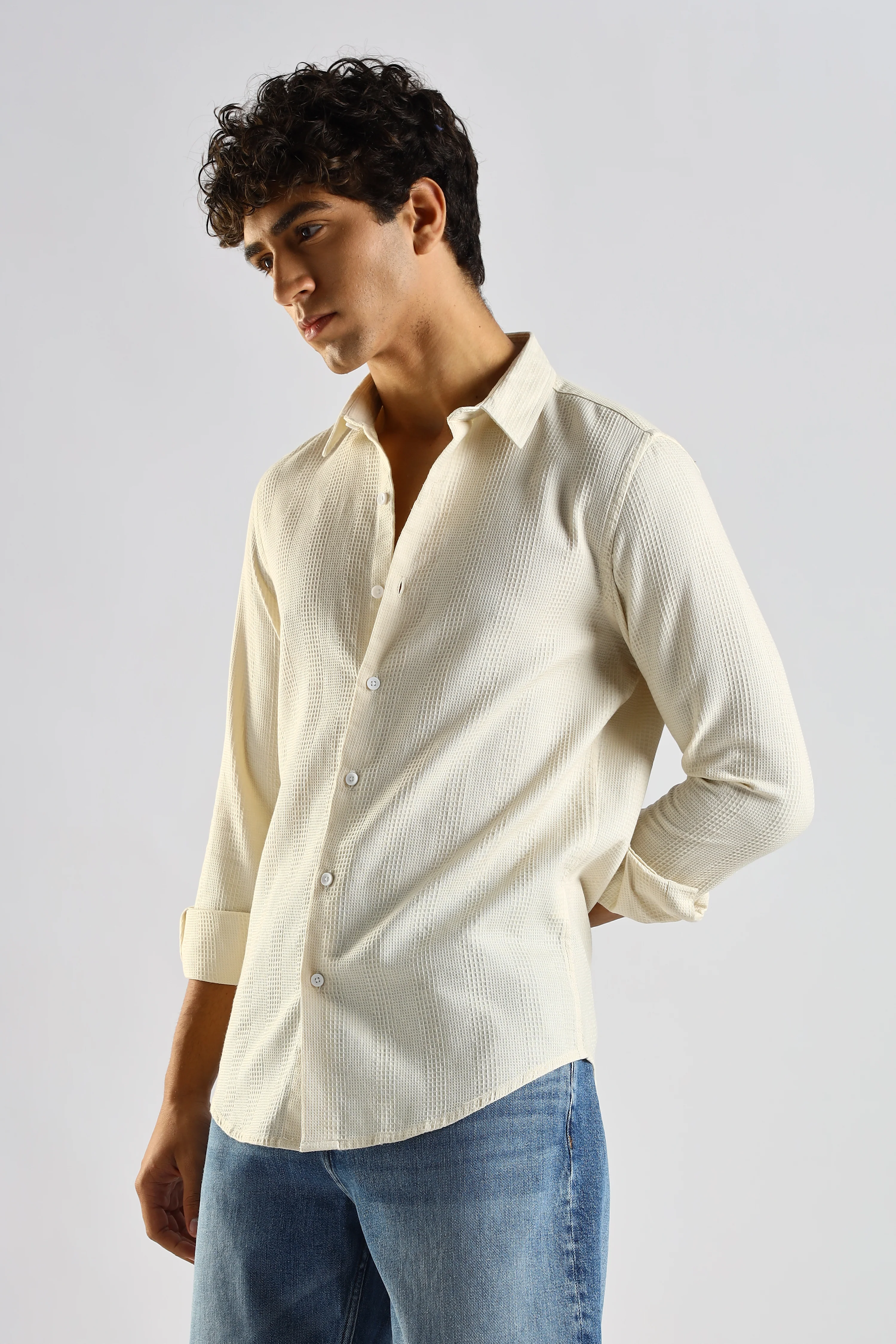 Men Cream Textured Cotton Shirt - Image 3