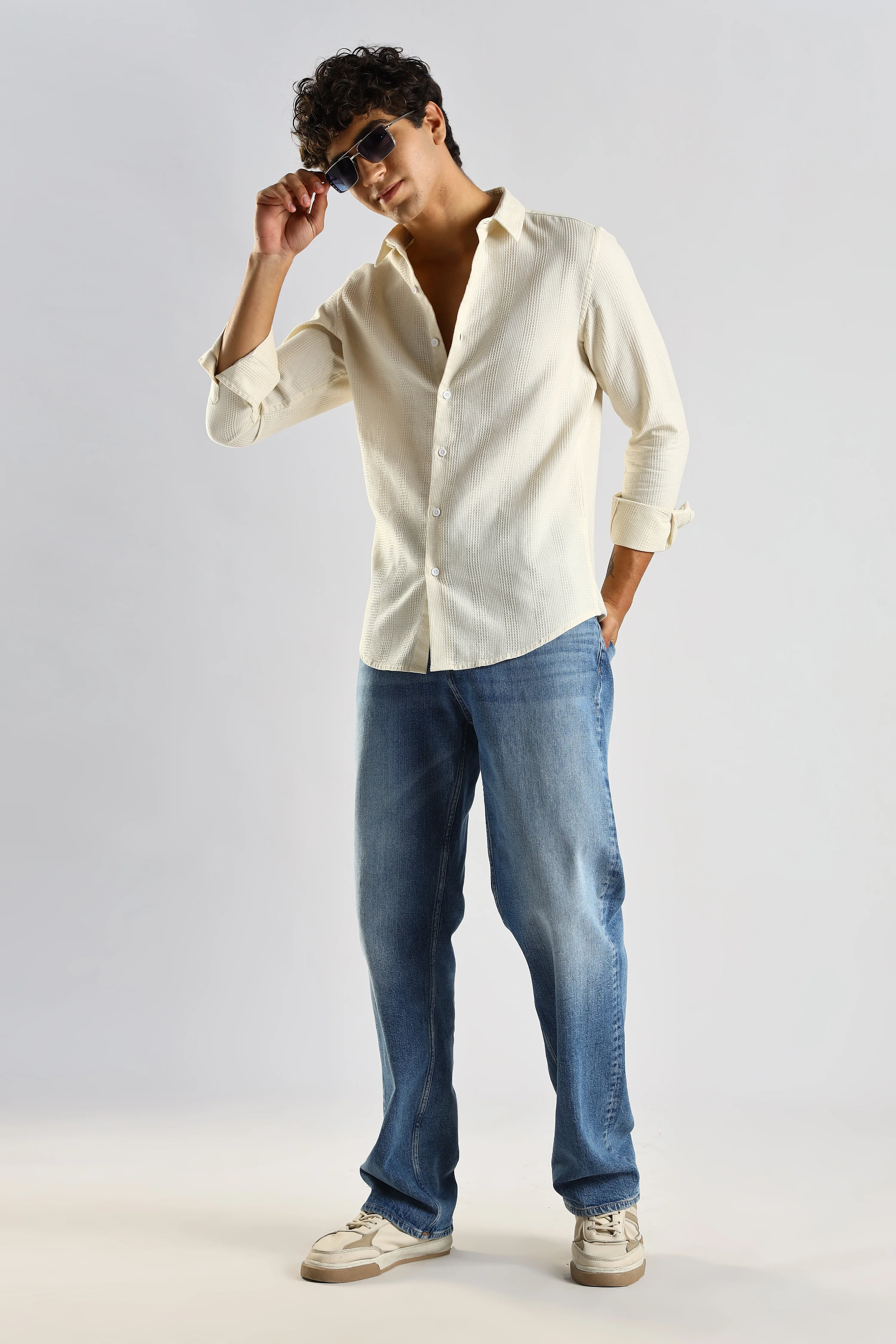 Men Cream Textured Cotton Shirt - Image 4