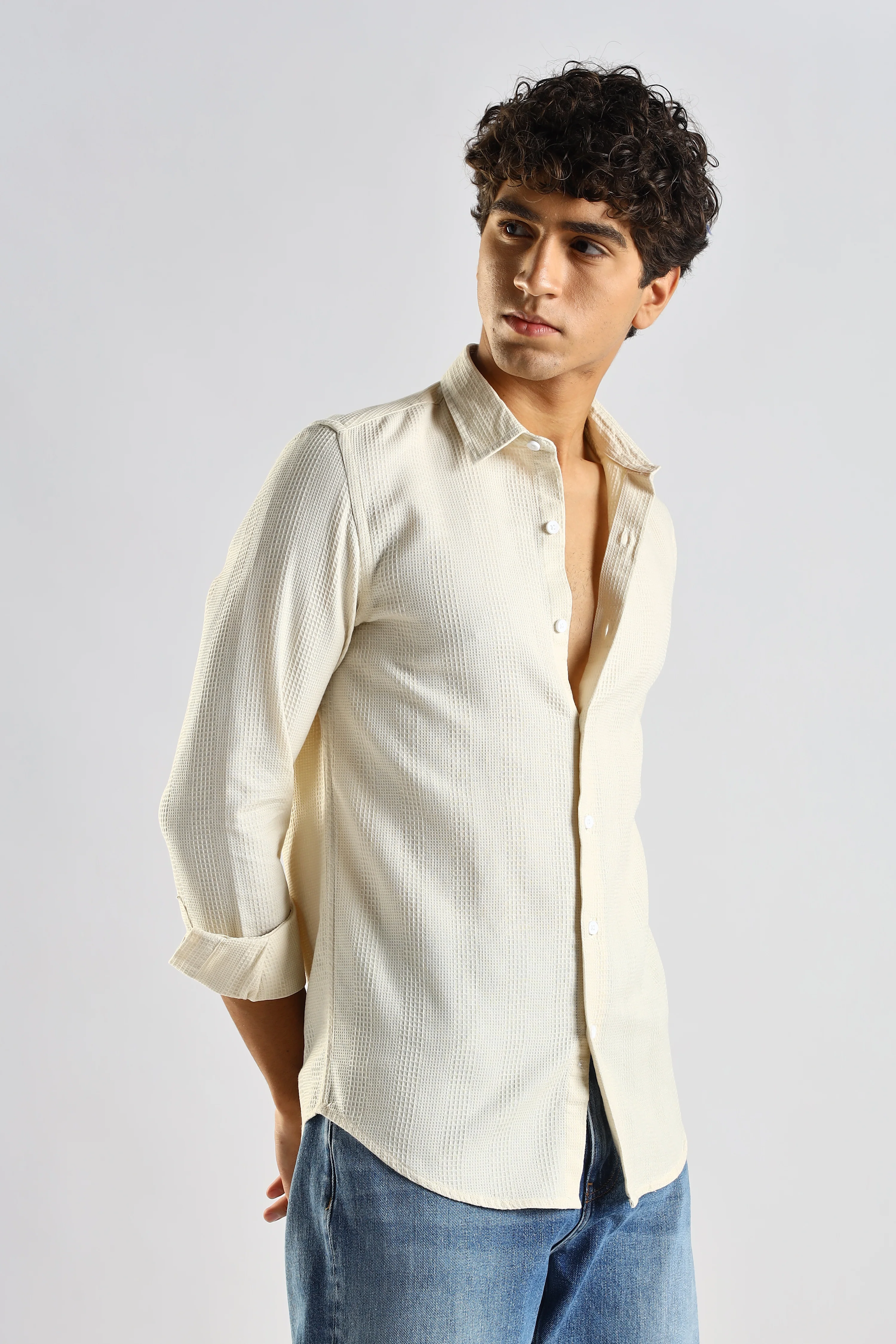 Men Cream Textured Cotton Shirt - Image 5