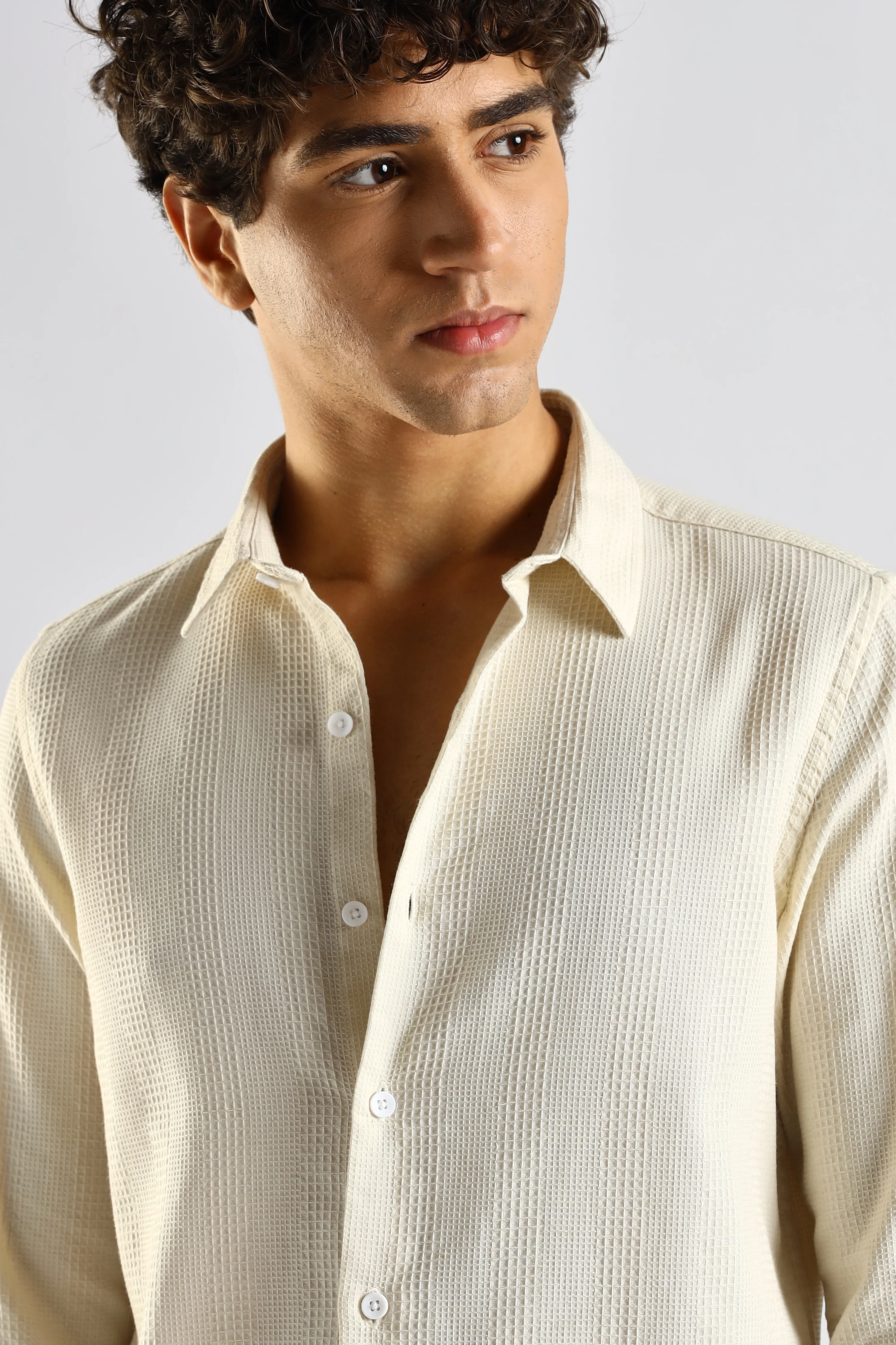 Men Cream Textured Cotton Shirt - Image 6