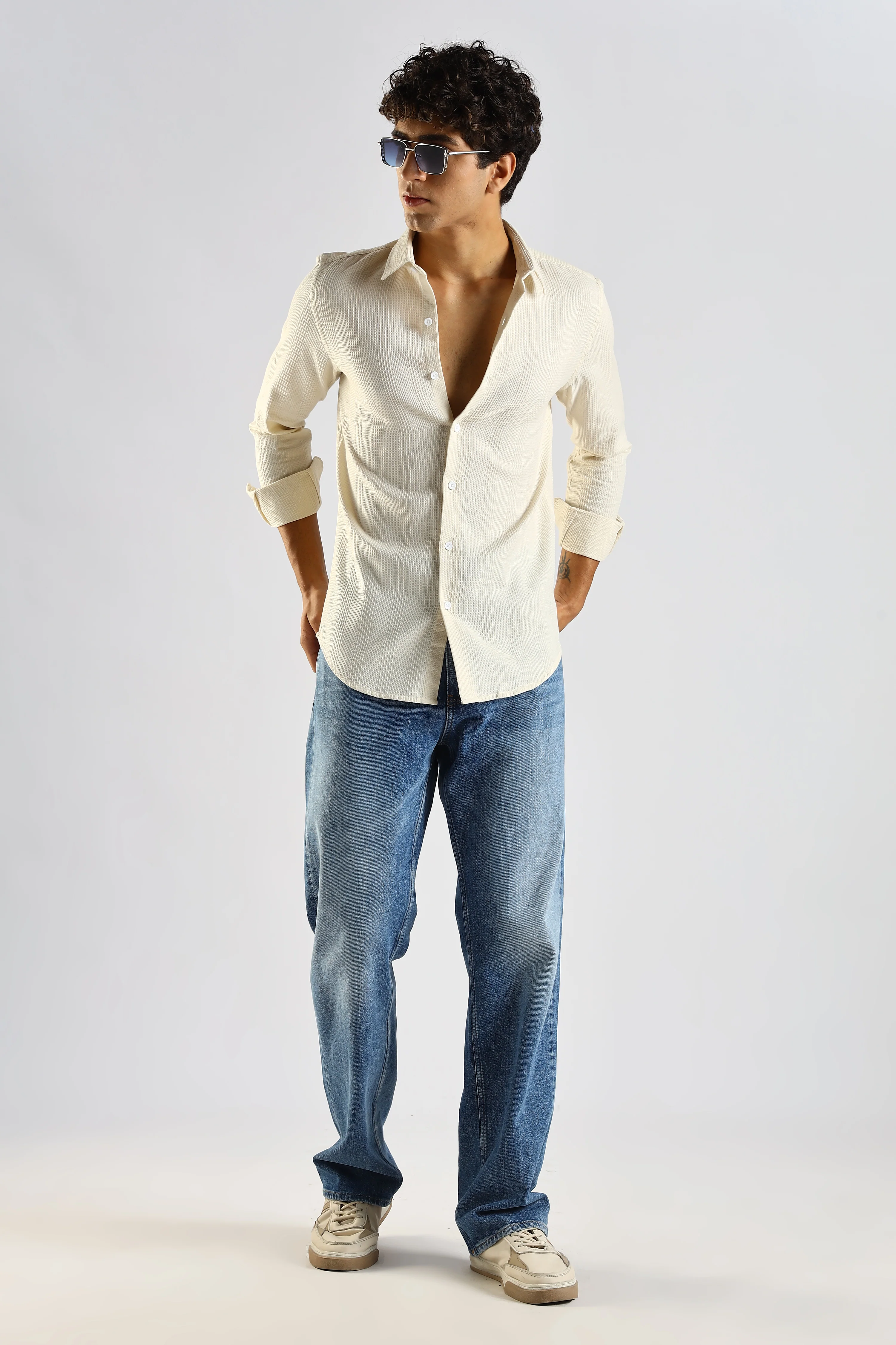 Men Cream Textured Cotton Shirt - Image 7