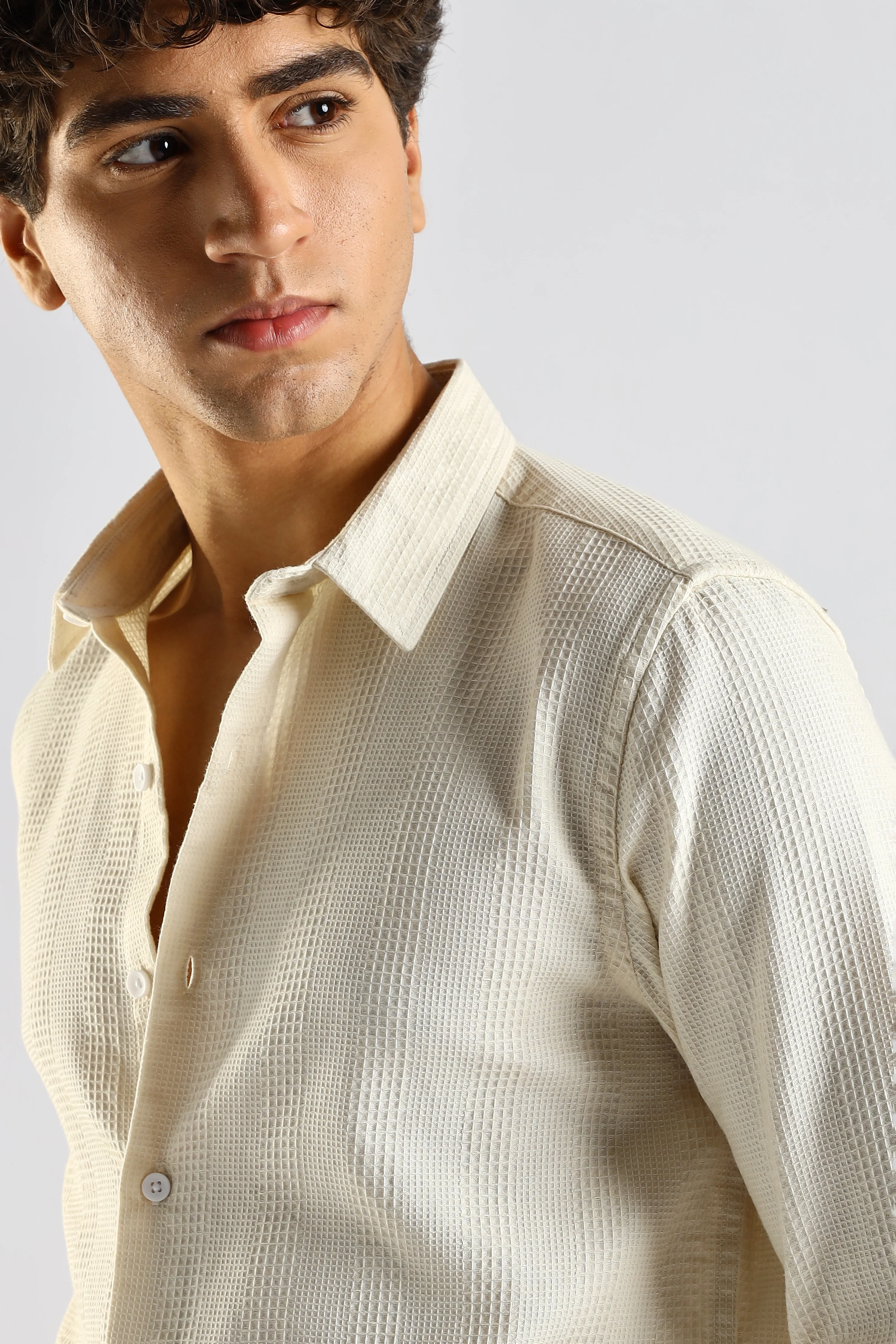 Men Cream Textured Cotton Shirt - Image 8