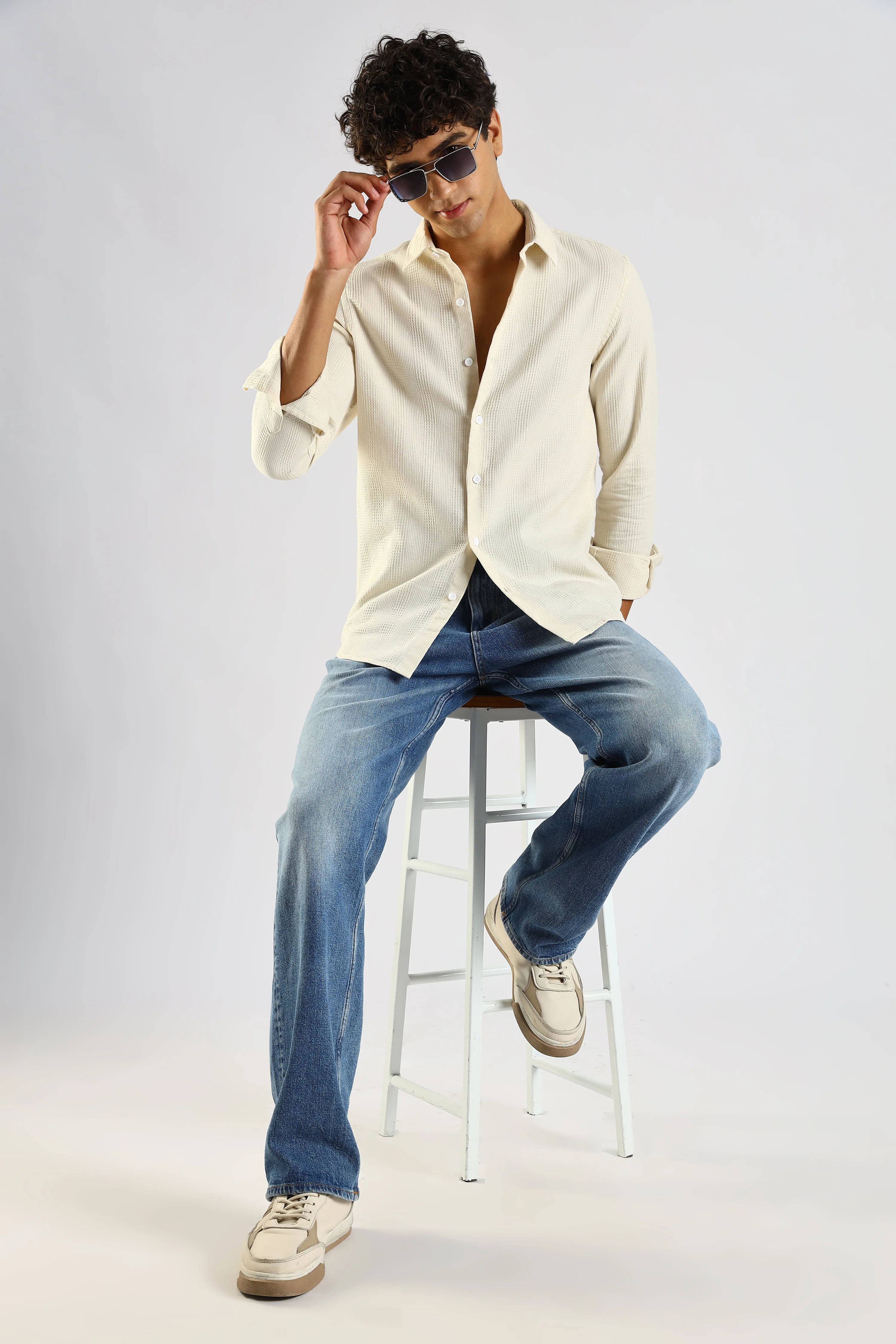 Men Cream Textured Cotton Shirt - Image 9