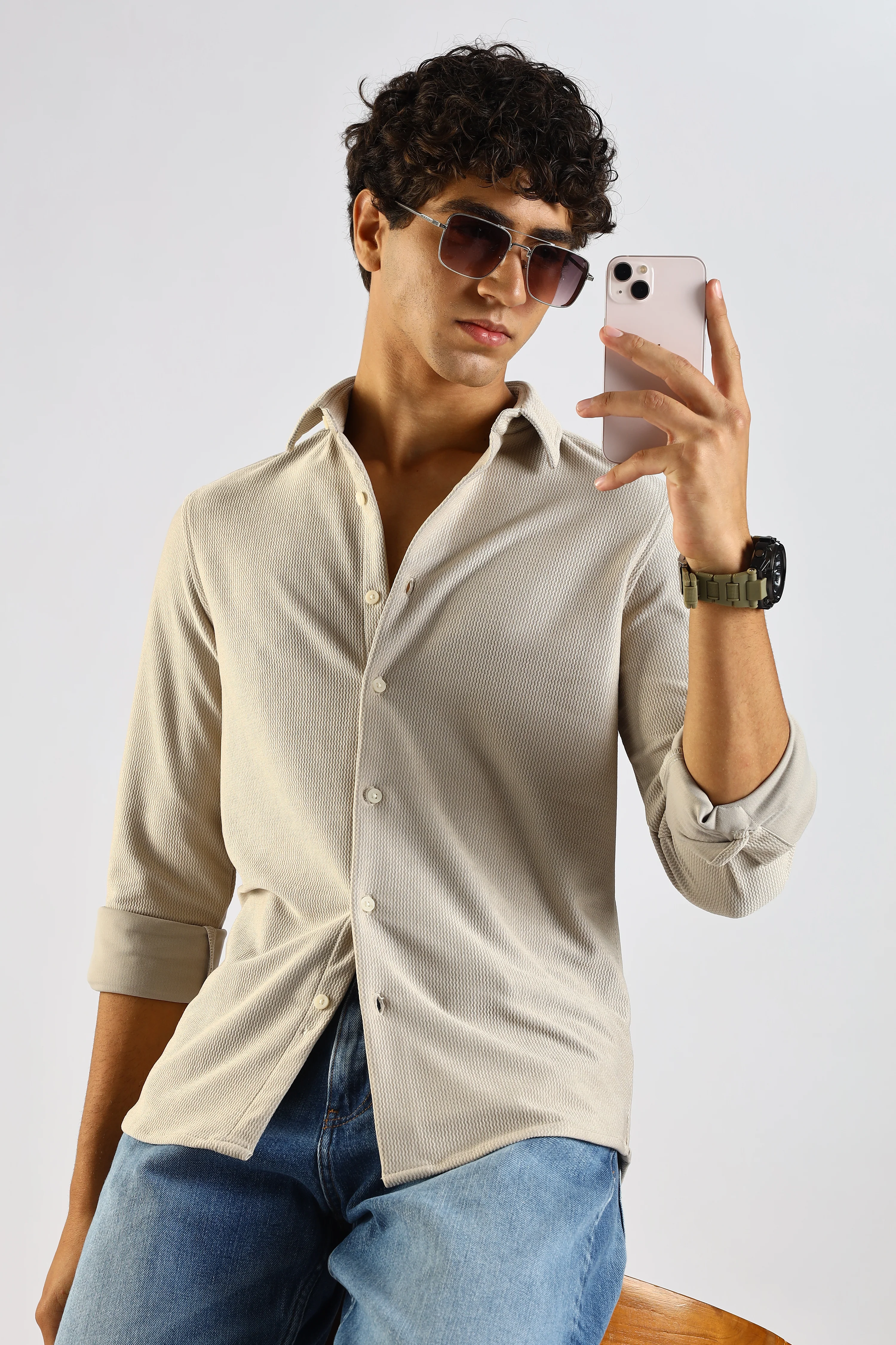 Men Cream Textured Spread Collar Shirt - Image 10