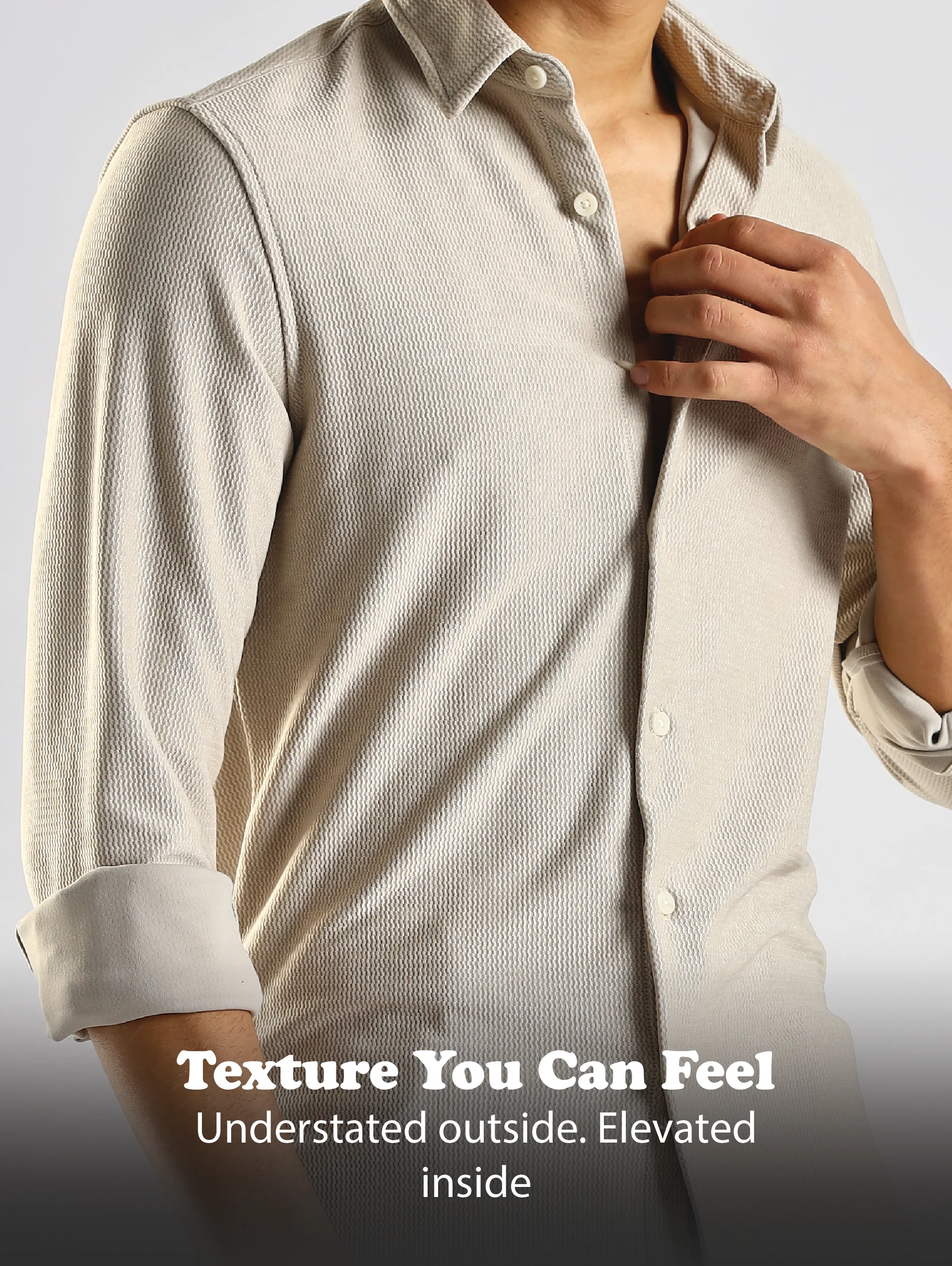 Men Cream Textured Spread Collar Shirt - Image 12