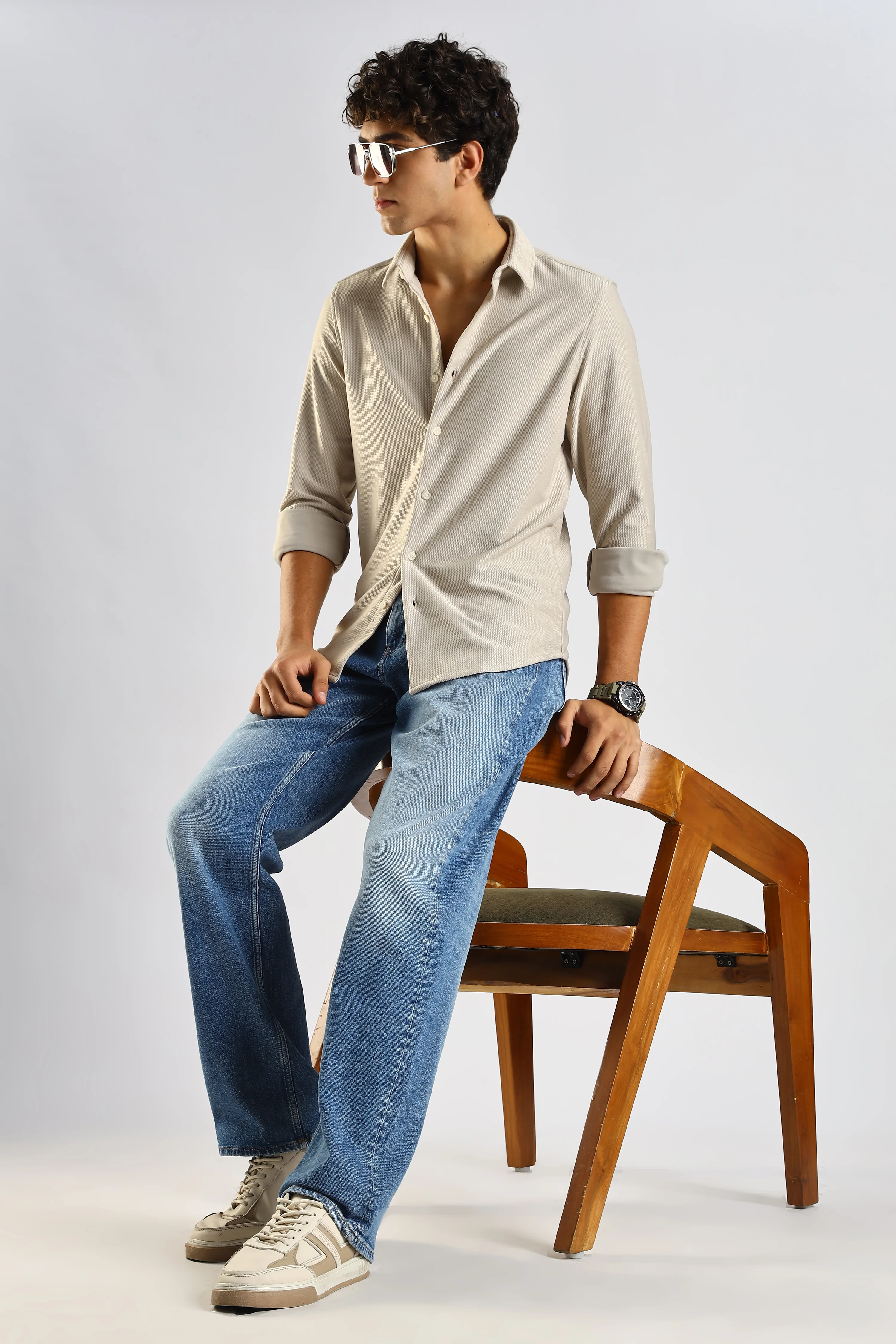 Men Cream Textured Spread Collar Shirt - Image 8