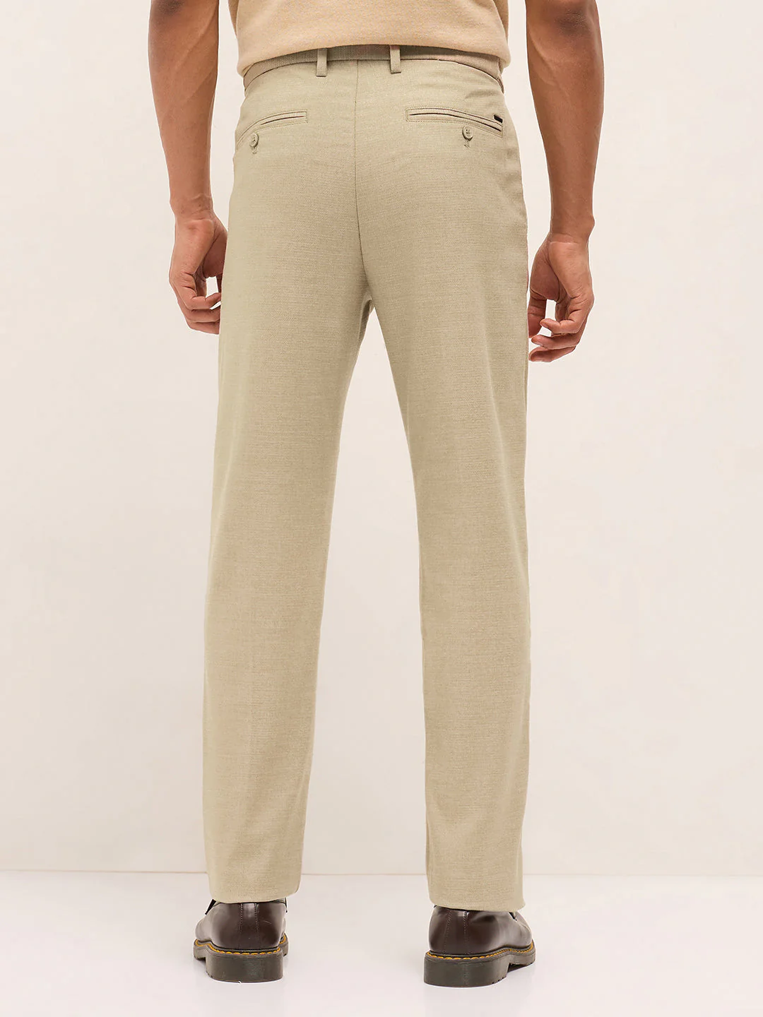 Men Cream Textured Weave Regular Fit Formal Trousers - Image 2