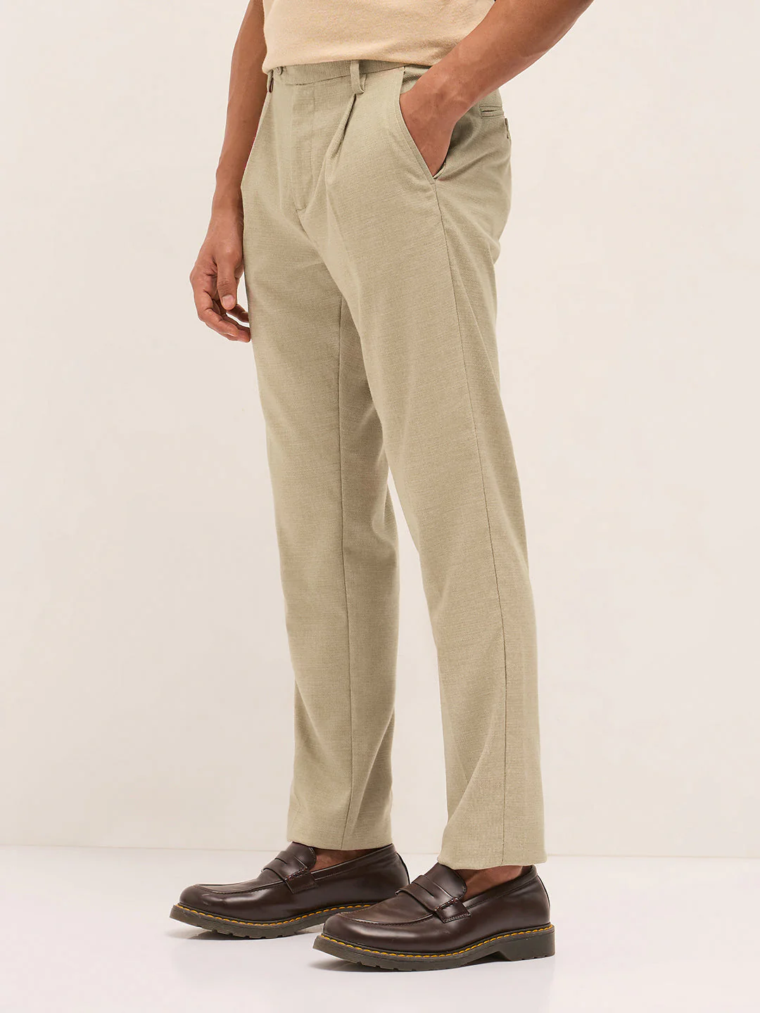 Men Cream Textured Weave Regular Fit Formal Trousers - Image 3