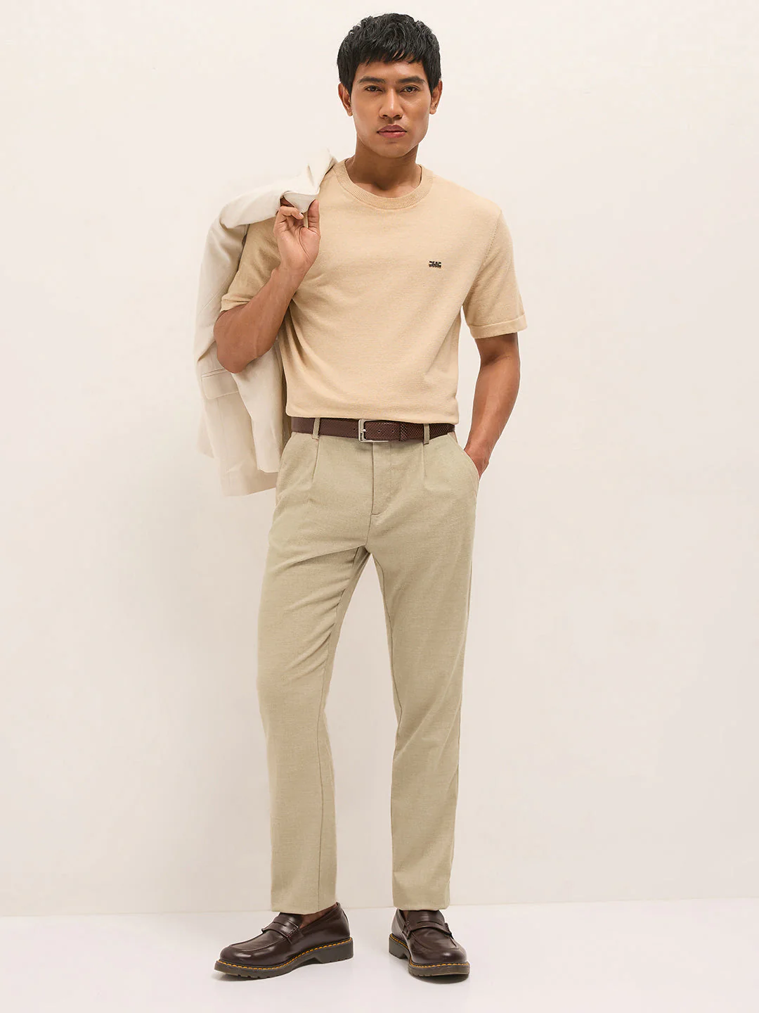 Men Cream Textured Weave Regular Fit Formal Trousers - Image 4