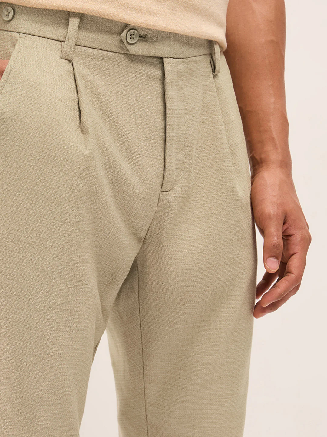 Men Cream Textured Weave Regular Fit Formal Trousers - Image 5